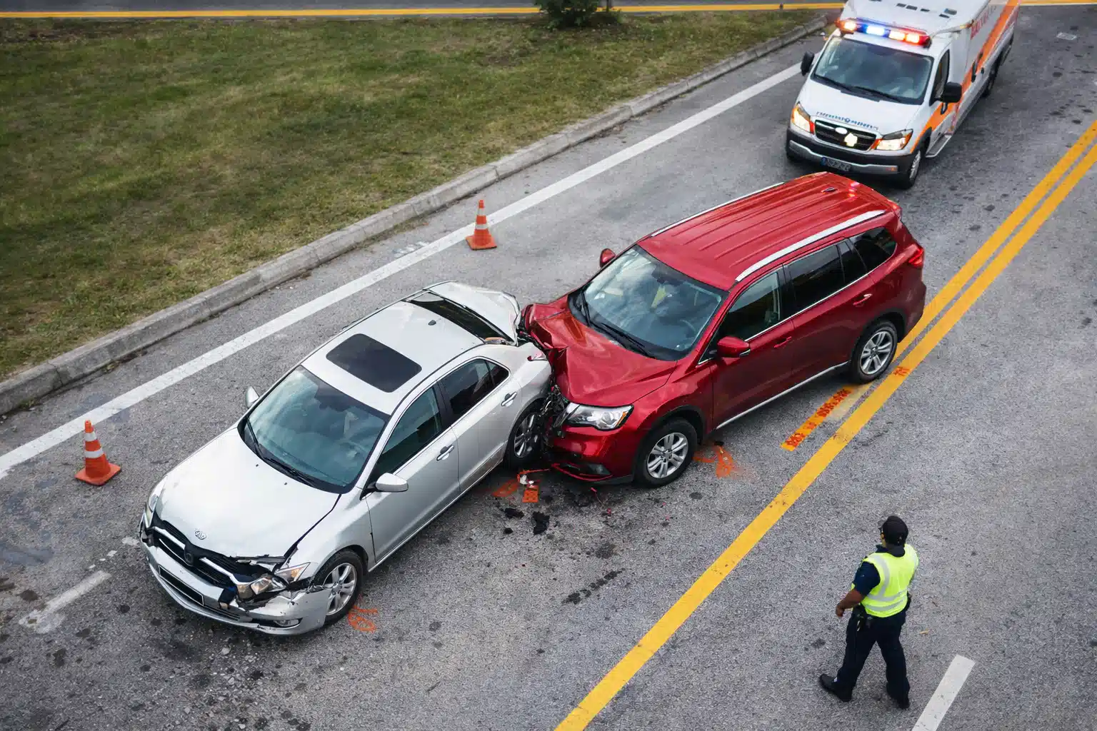 Two vehicle collision on roadway with police and ambulance present at accident scene