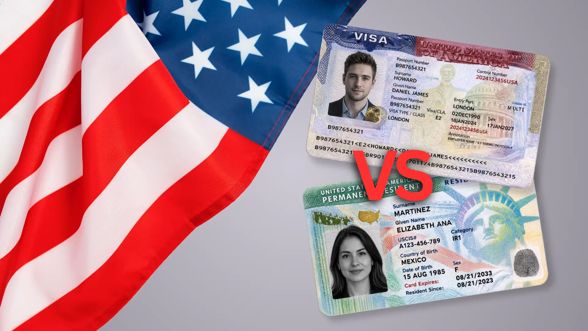 US flag with visa card and green card comparison graphic showing green card vs visa differences