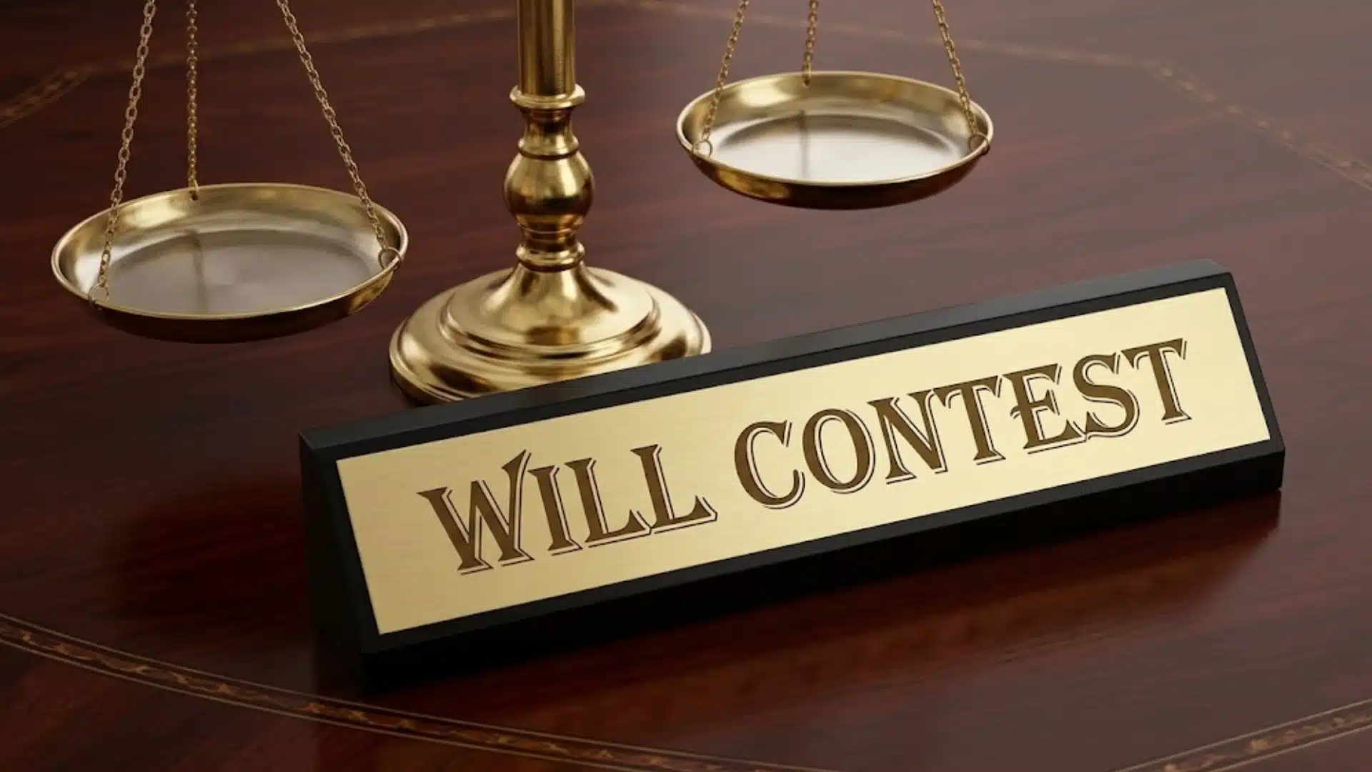 Will contest sign with scales of justice on desk, representing legal dispute over inheritance and estate decisions
