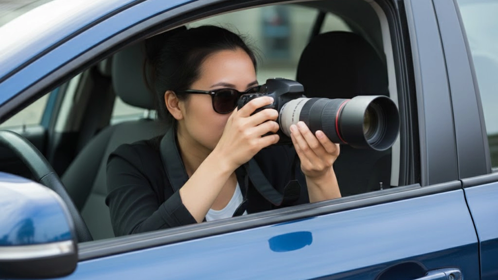 Woman in car using telephoto camera lens to conduct surveillance from driver side window