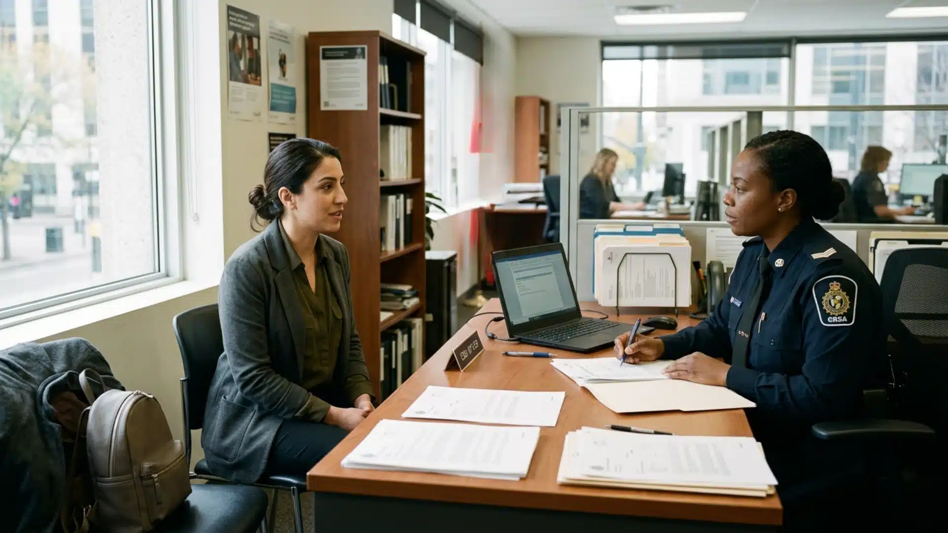 Woman sitting for the immigration interview