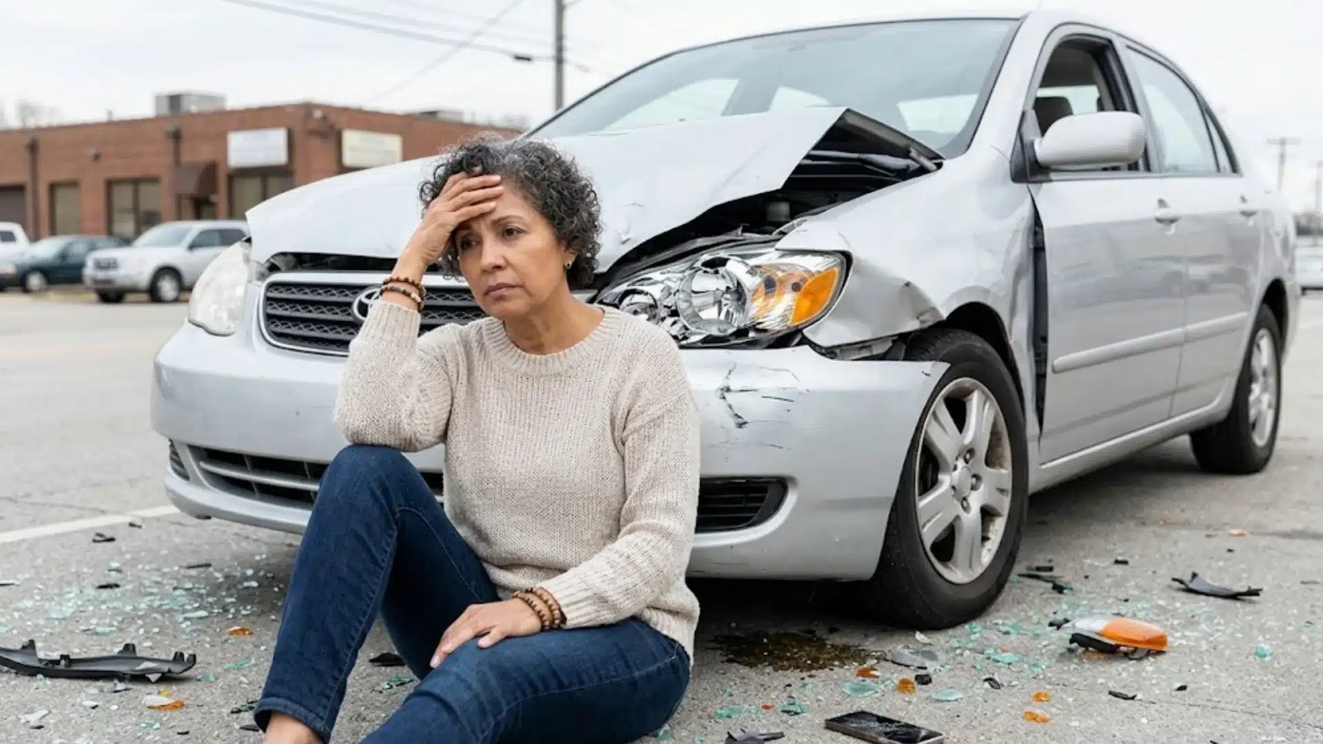Woman sitting on road holding head after car accident with damaged vehicle and debris scattered around