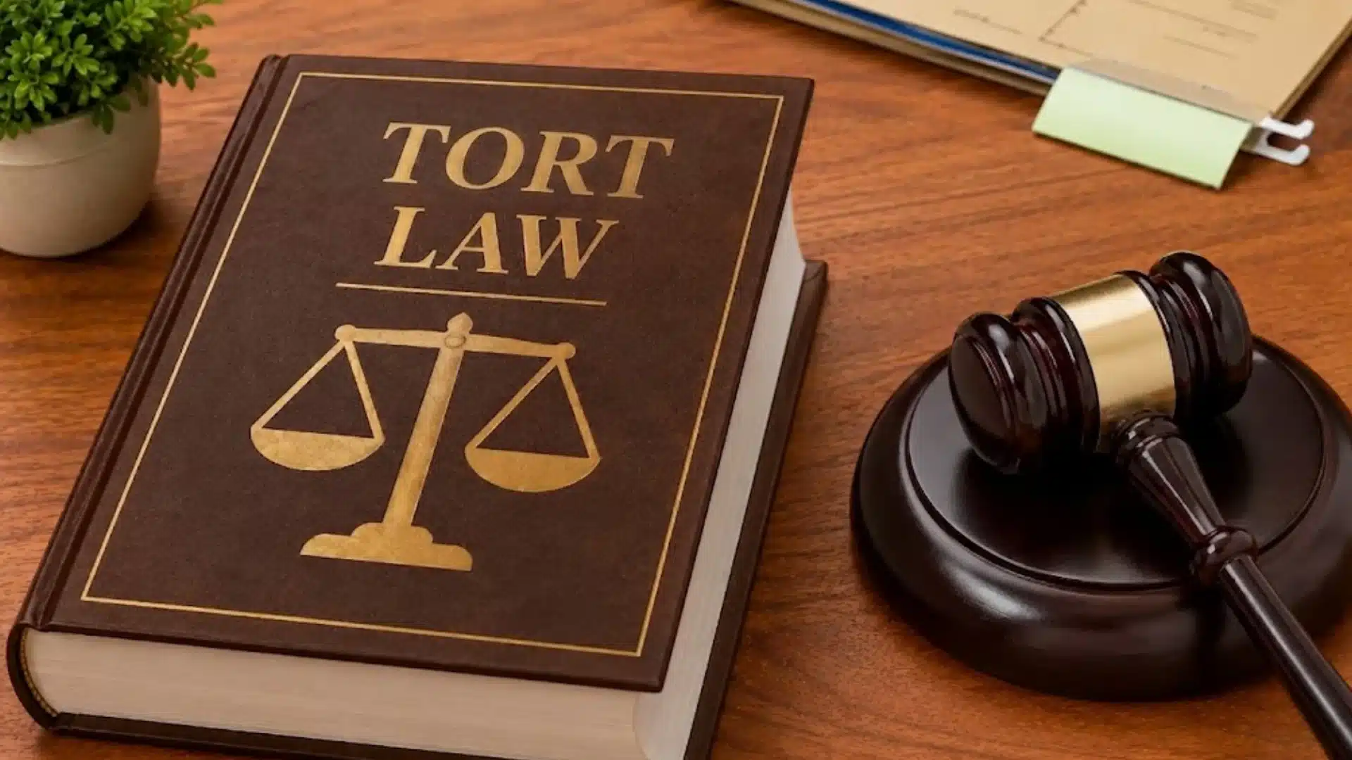 A brown Torts Law book with gold scales of justice rests on a wooden desk beside a judge's gavel and a small plant