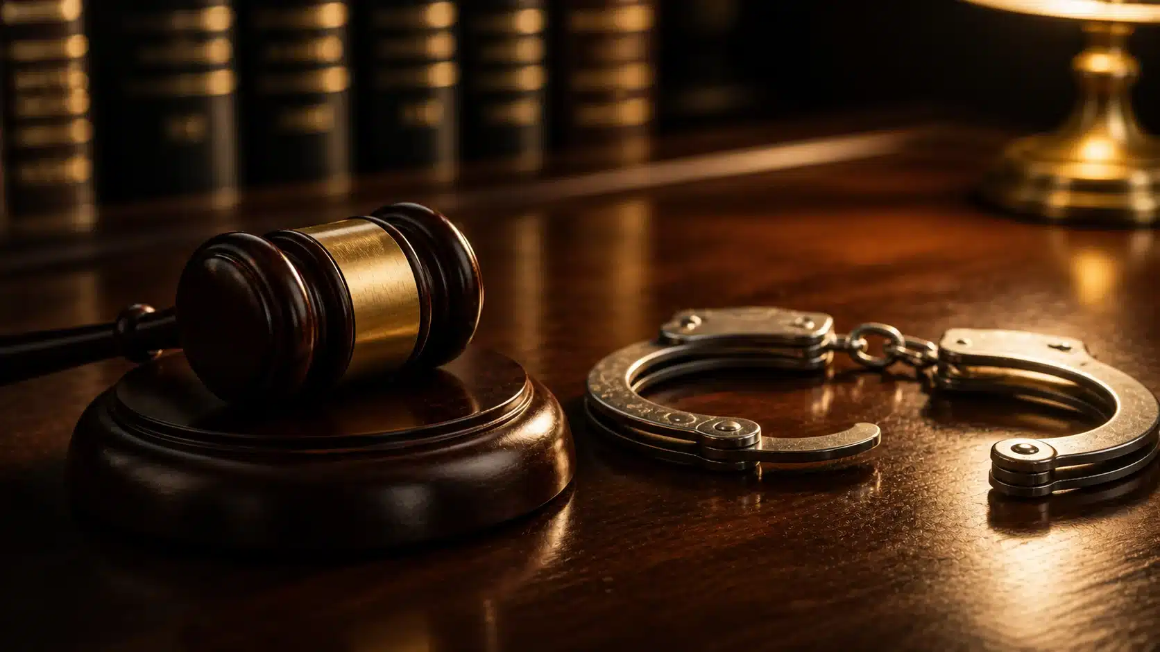 A gavel on its sound block next to open handcuffs on a dark wooden table with law books in the background