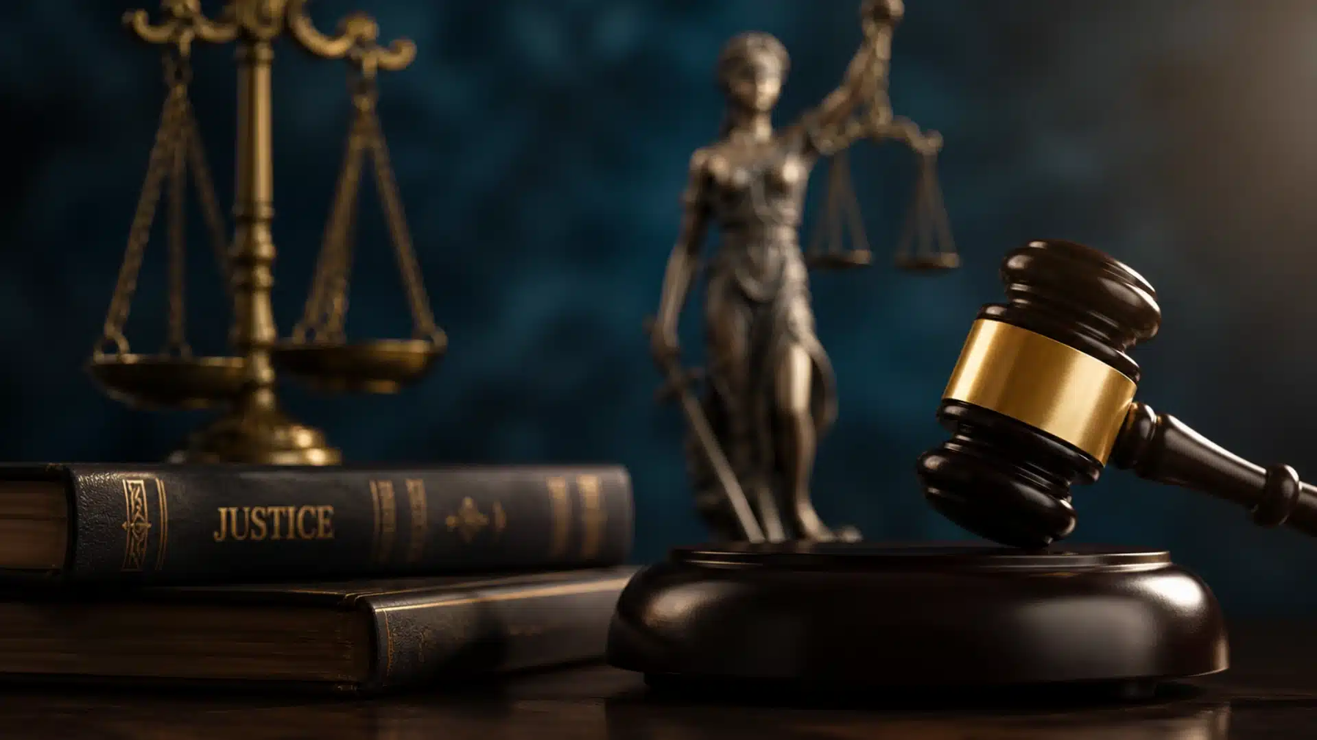 A gavel, scales of justice, and books labeled _Justice_ with a Lady Justice statue blurred in the background