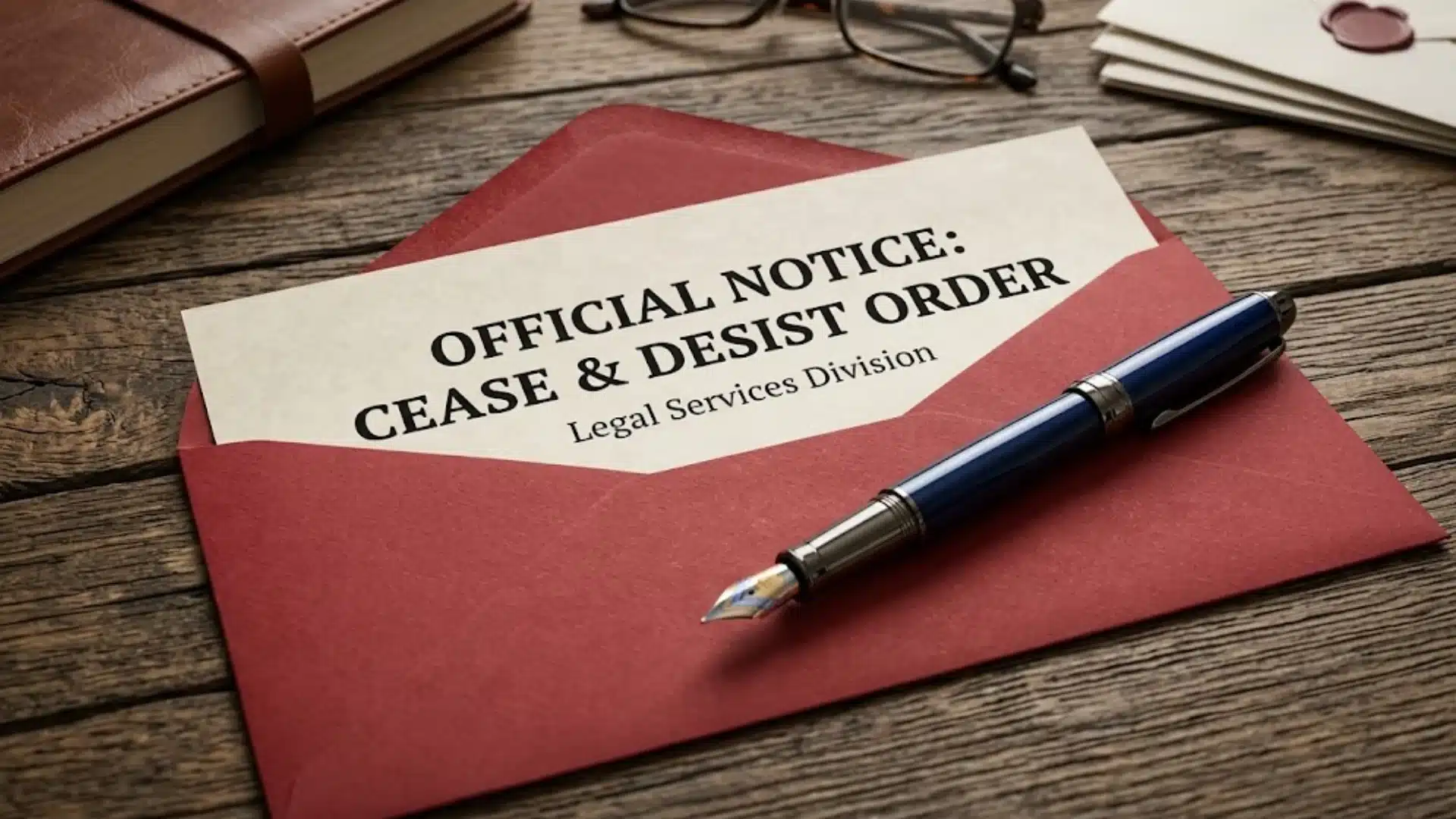 Cease and desist order notice in envelope with pen on wooden desk and legal documents in background