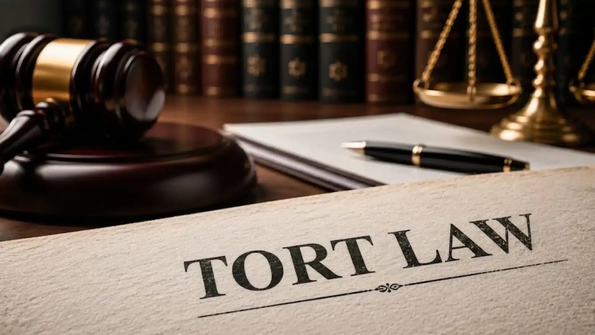 Close-up of a Torts Law document on a desk with a gavel, pen, and gold scales of justice in a law library