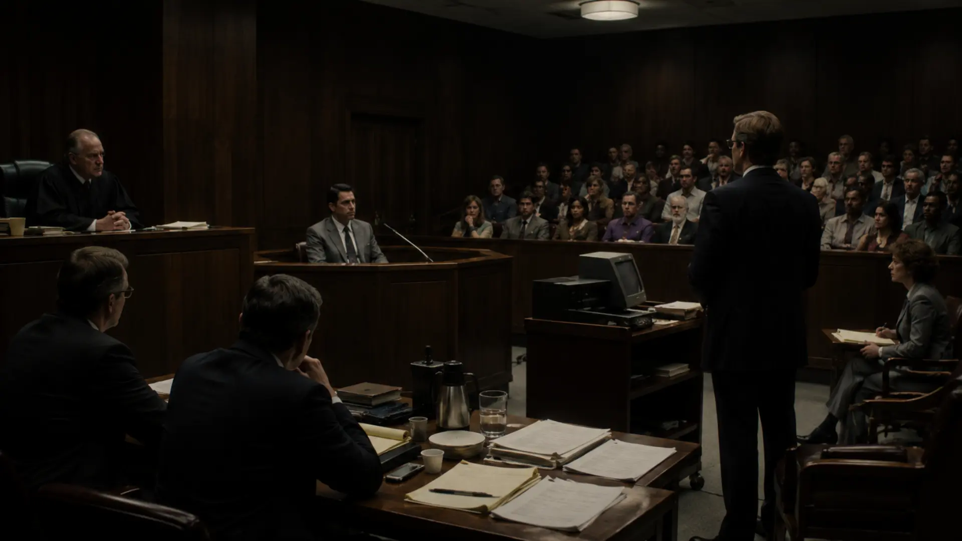 Dim 1980s courtroom packed with spectators during tense trial under harsh overhead lighting