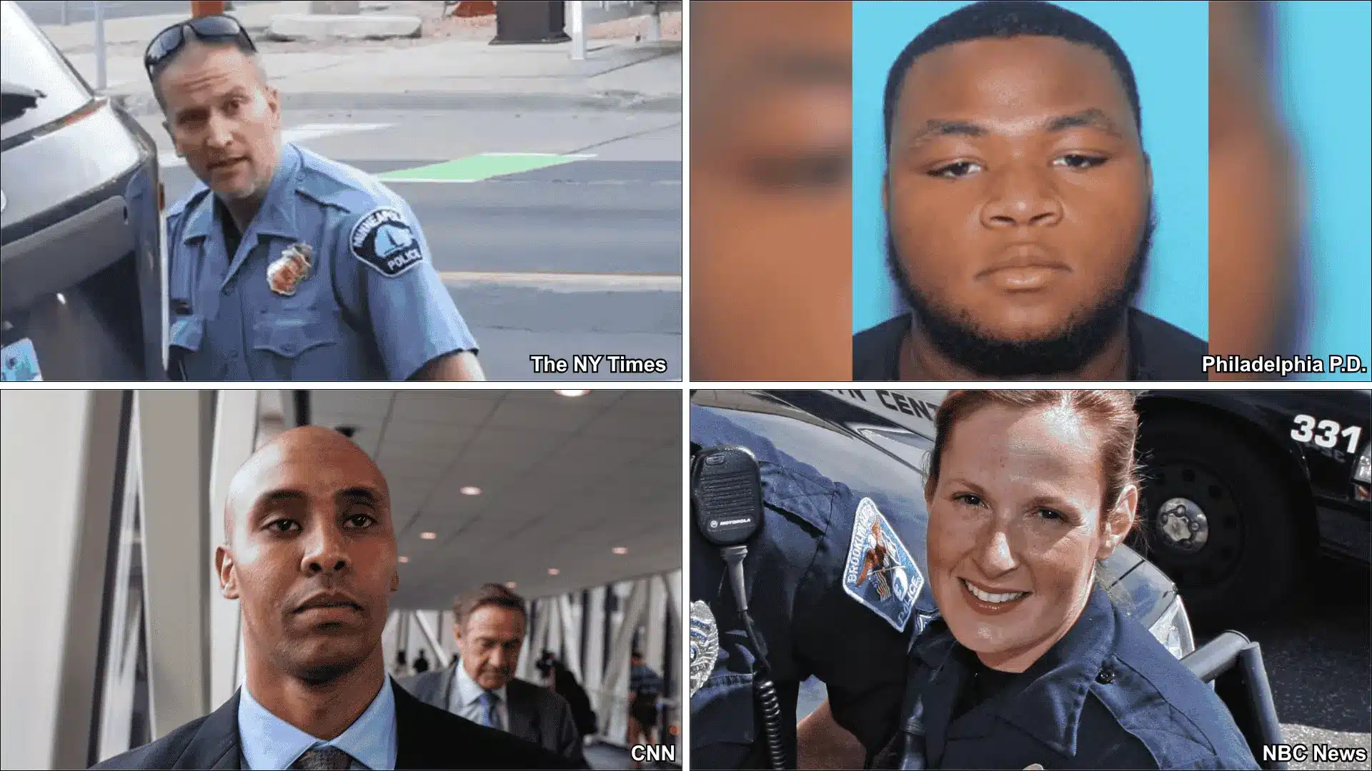 Four panel collage showing Derek Chauvin, Myzeh Ross, Mohamed Noor, and Kim Potter in third degree murder case