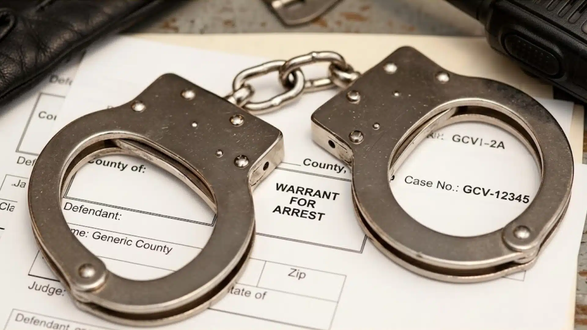 Handcuffs placed on top of a warrant for arrest document on a table with other items nearby