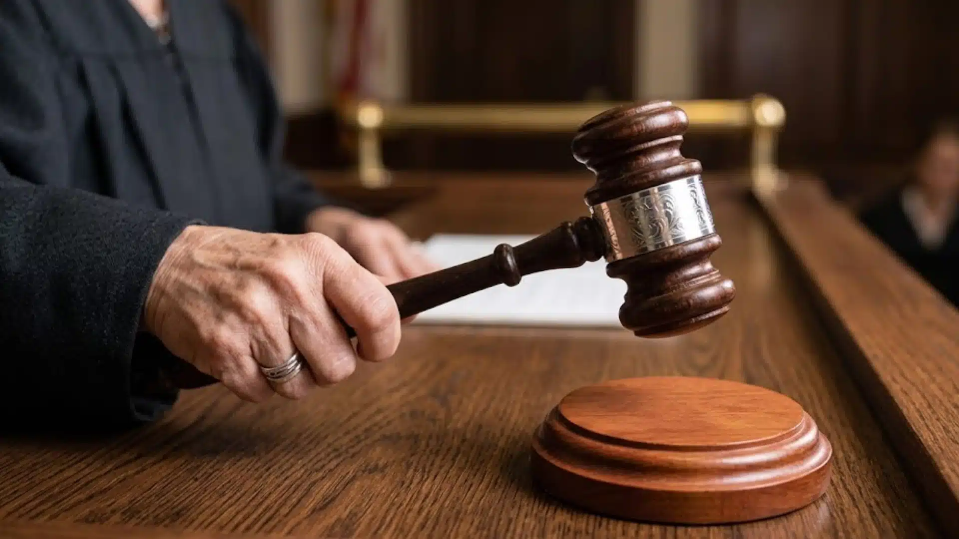 Judge striking a gavel on a sound block in a courtroom during a legal proceeding