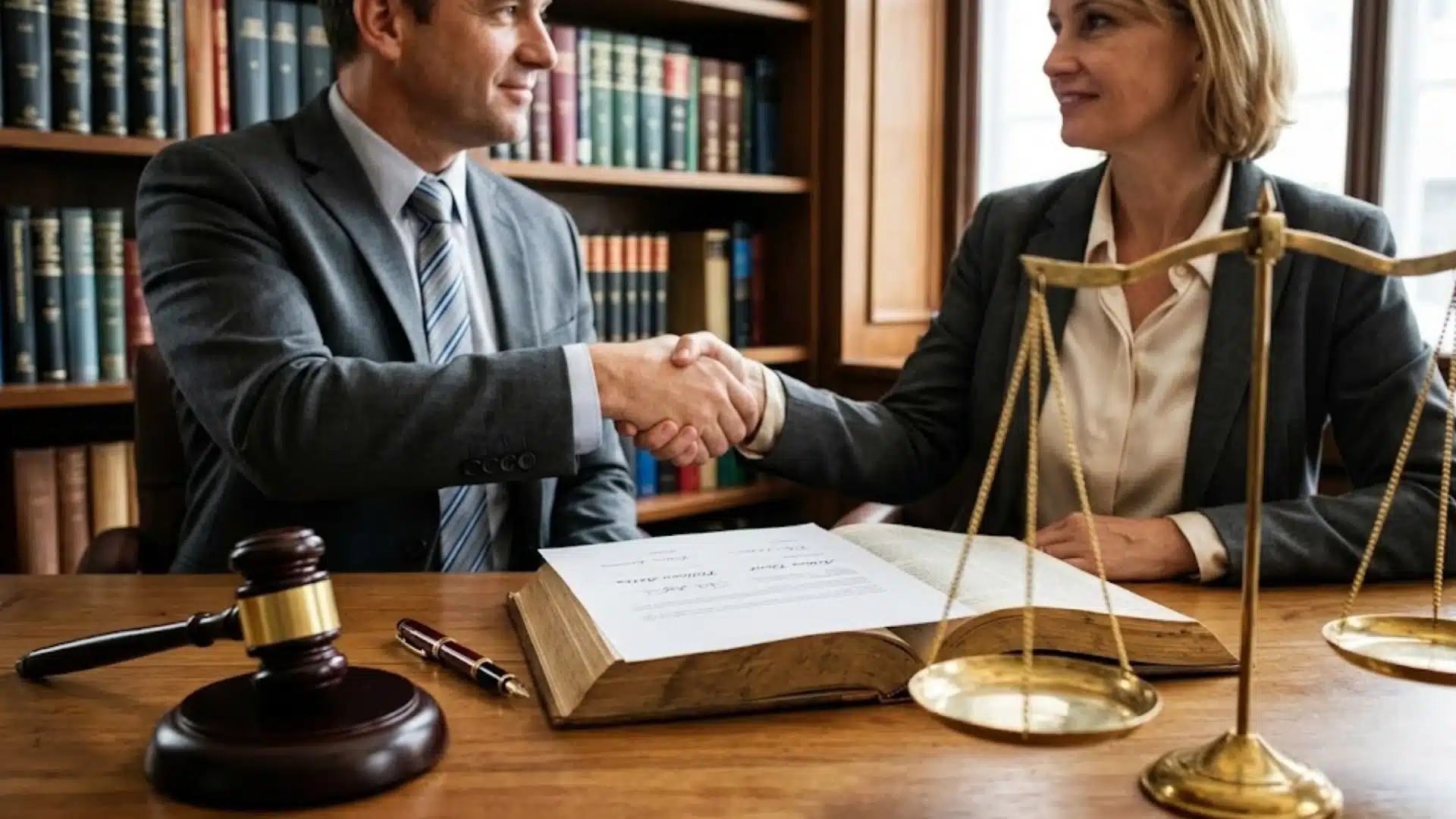 Lawyer shaking hands with a client over contract with gavel and scales of justice on desk in office setting