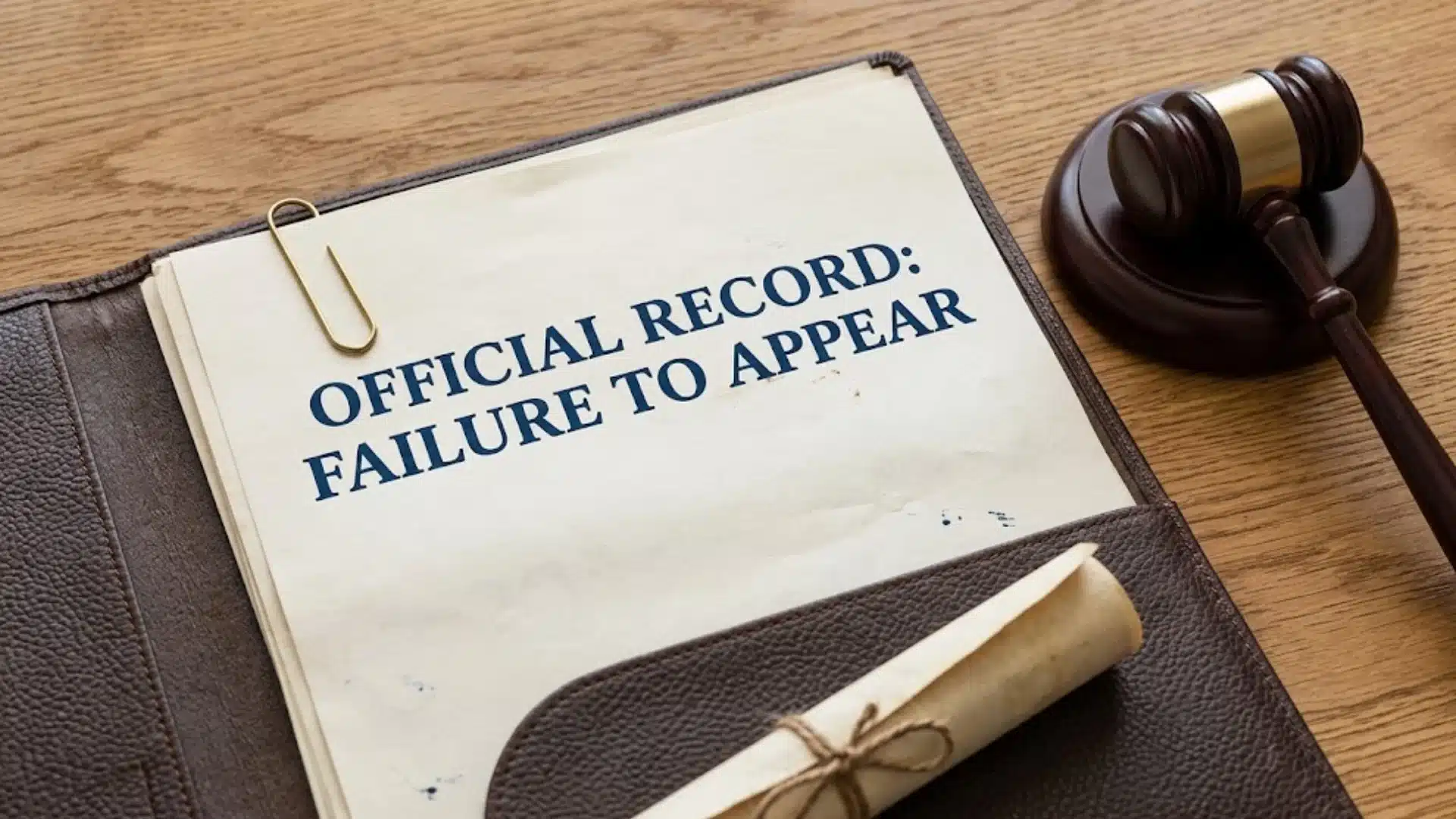 Legal folder with a document labeled Official Record Failure to Appear next to a judge's gavel