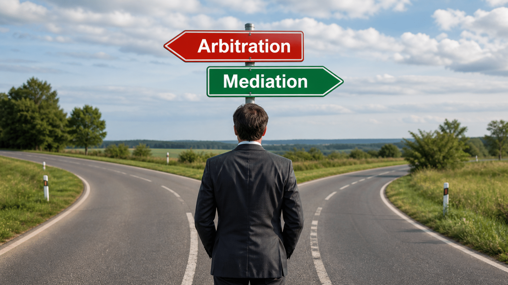 Man at forked road facing Arbitration and Mediation signs for dispute resolution choice