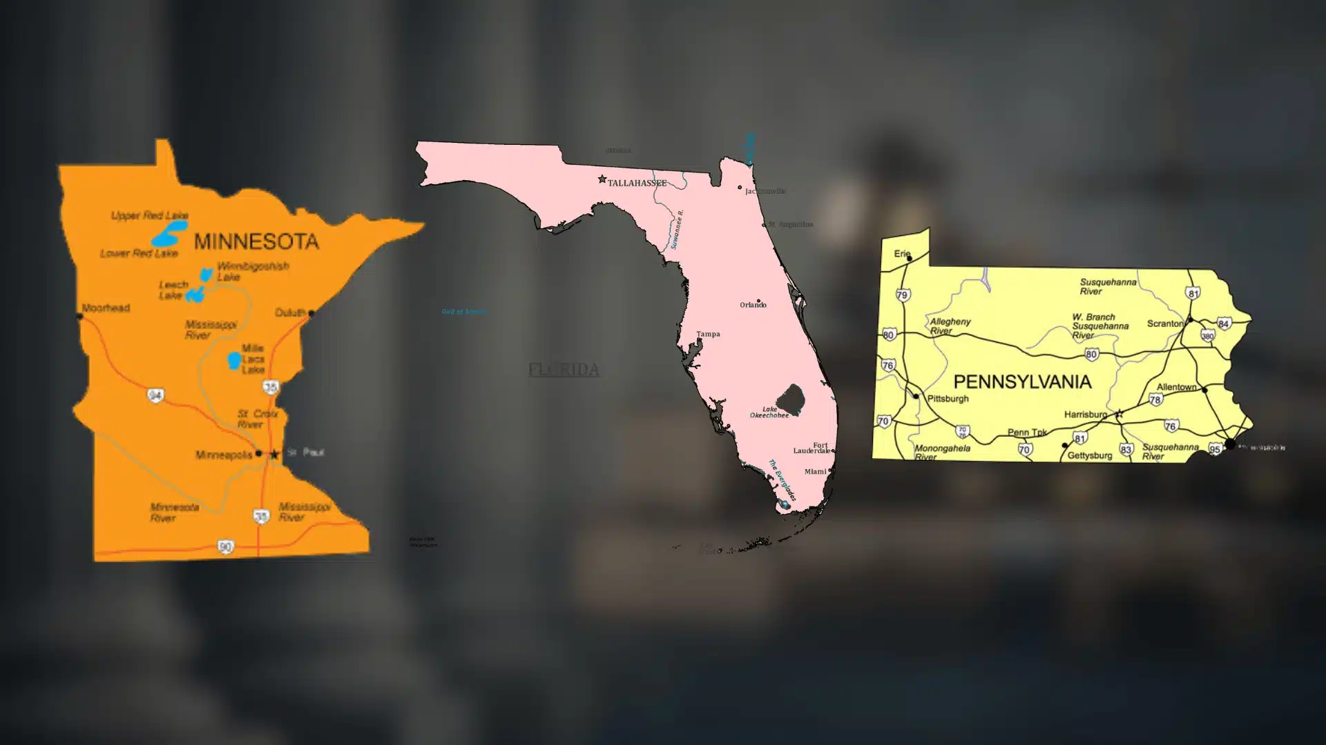 Map showing Minnesota, Florida, and Pennsylvania with law & court related background, showing legal terms for states