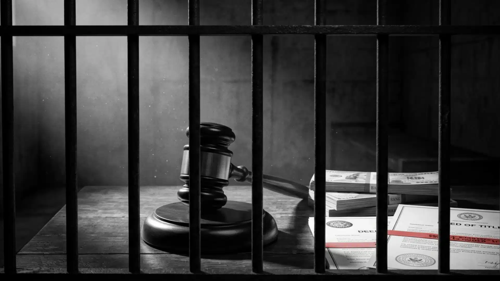 Prison bars, gavel, and seized assets illustrating penalties for racketeering and conspiracy