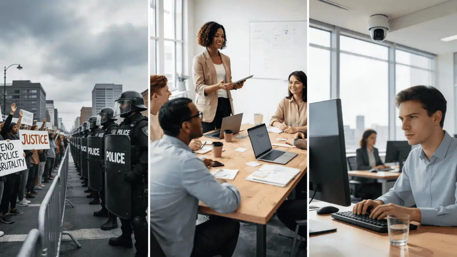 Protest, office meeting, and workplace surveillance showing civil rights and civil liberties in everyday life