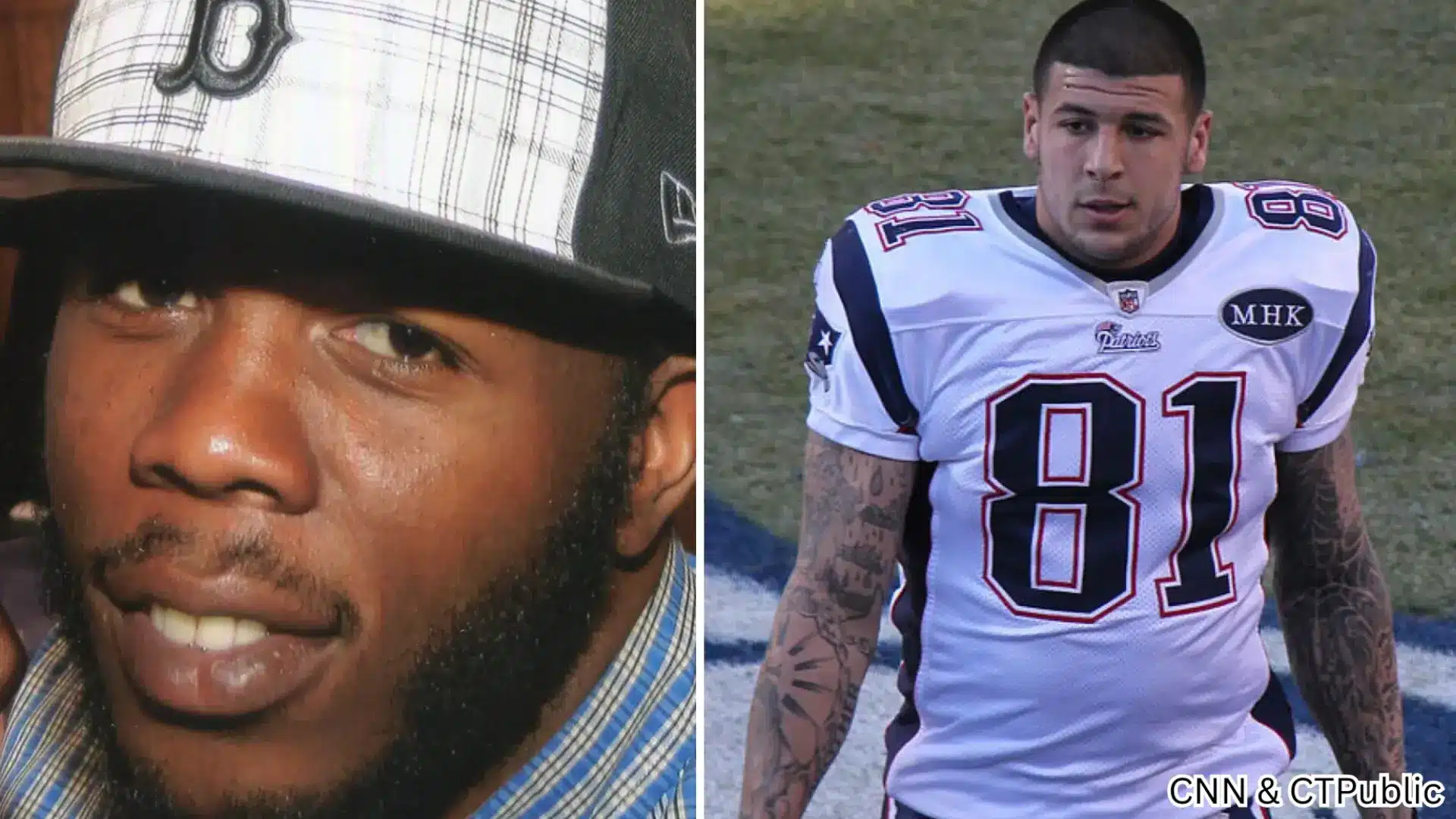 Split image showing a close-up of a man in a cap beside a football player wearing a Patriots jersey