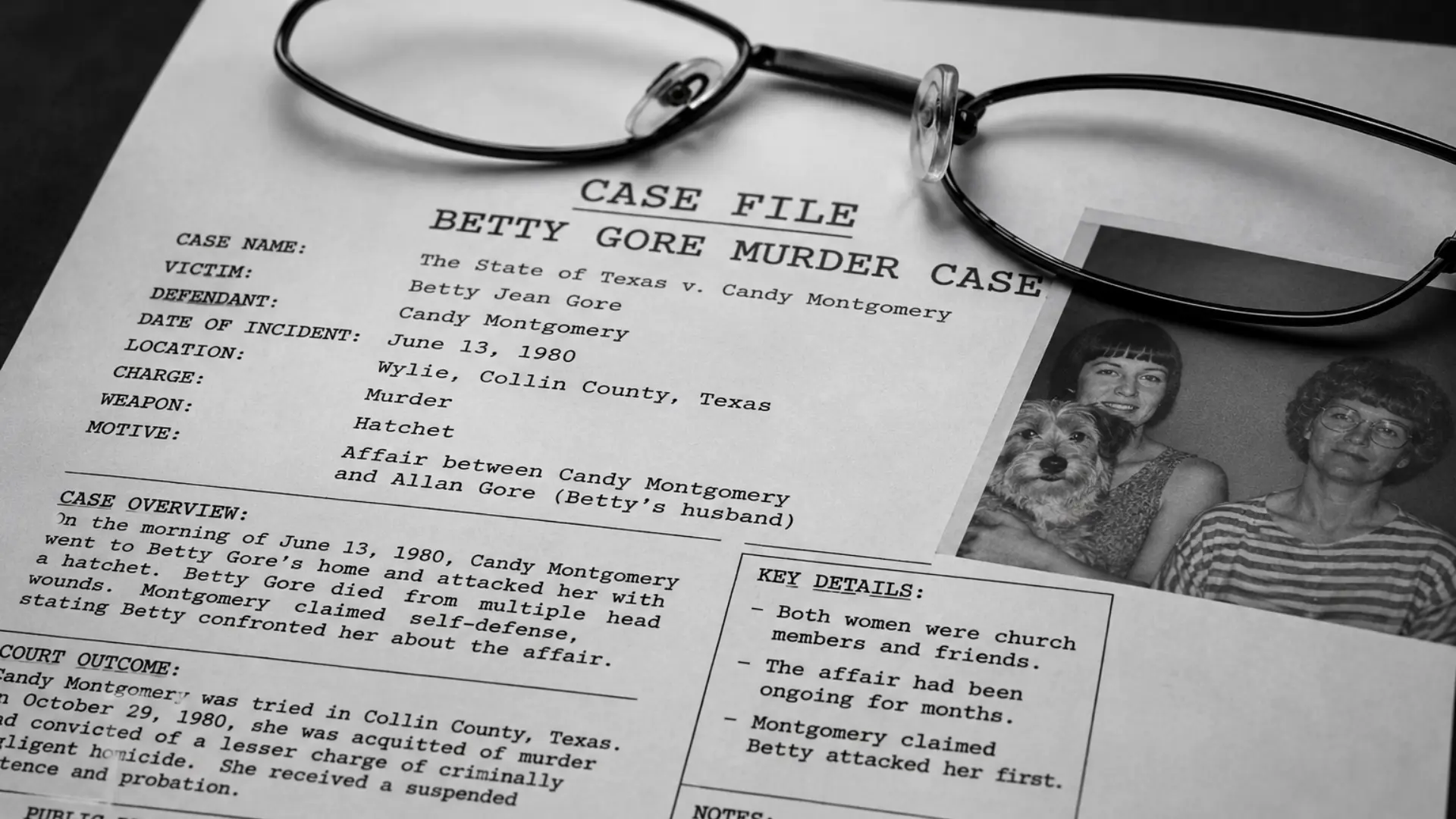 True crime style Betty Gore murder case file with glasses, notes, and courtroom details