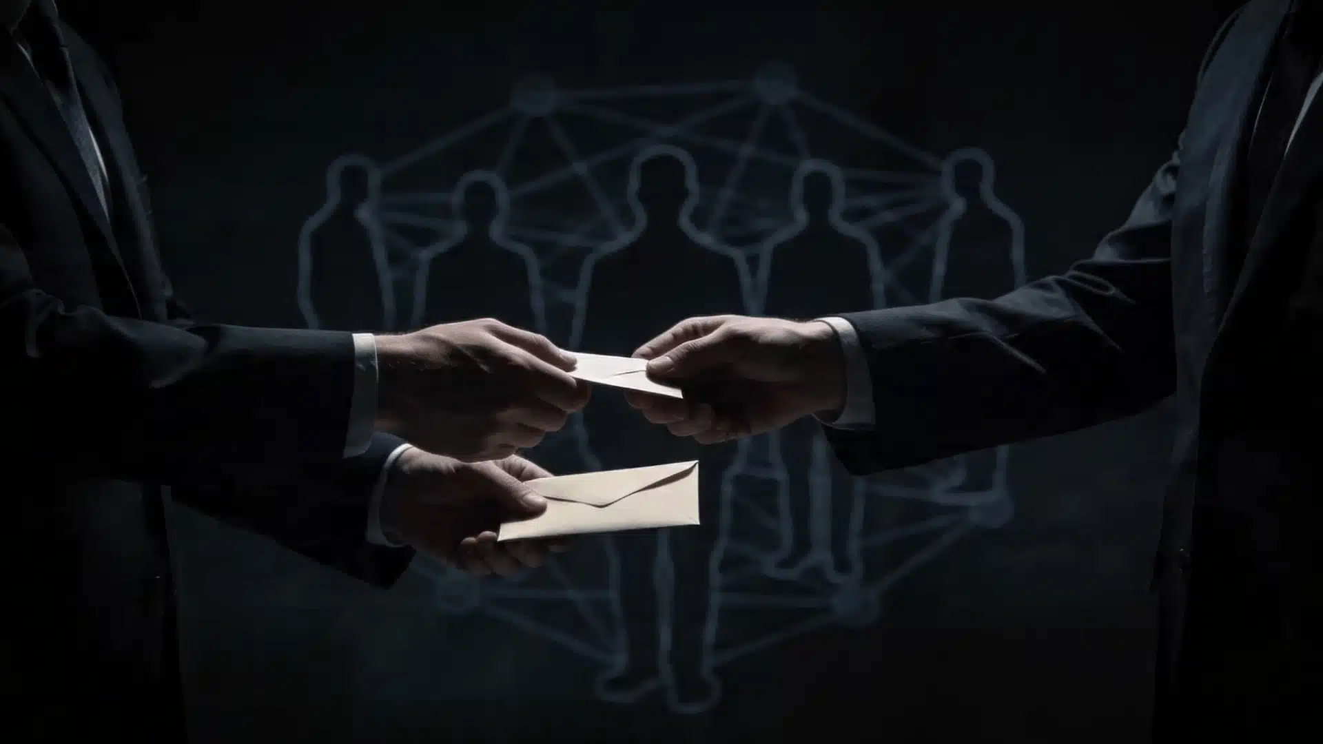 Two men exchanging an envelope, symbolizing illegal agreement and racketeering conspiracy with a connected network in background