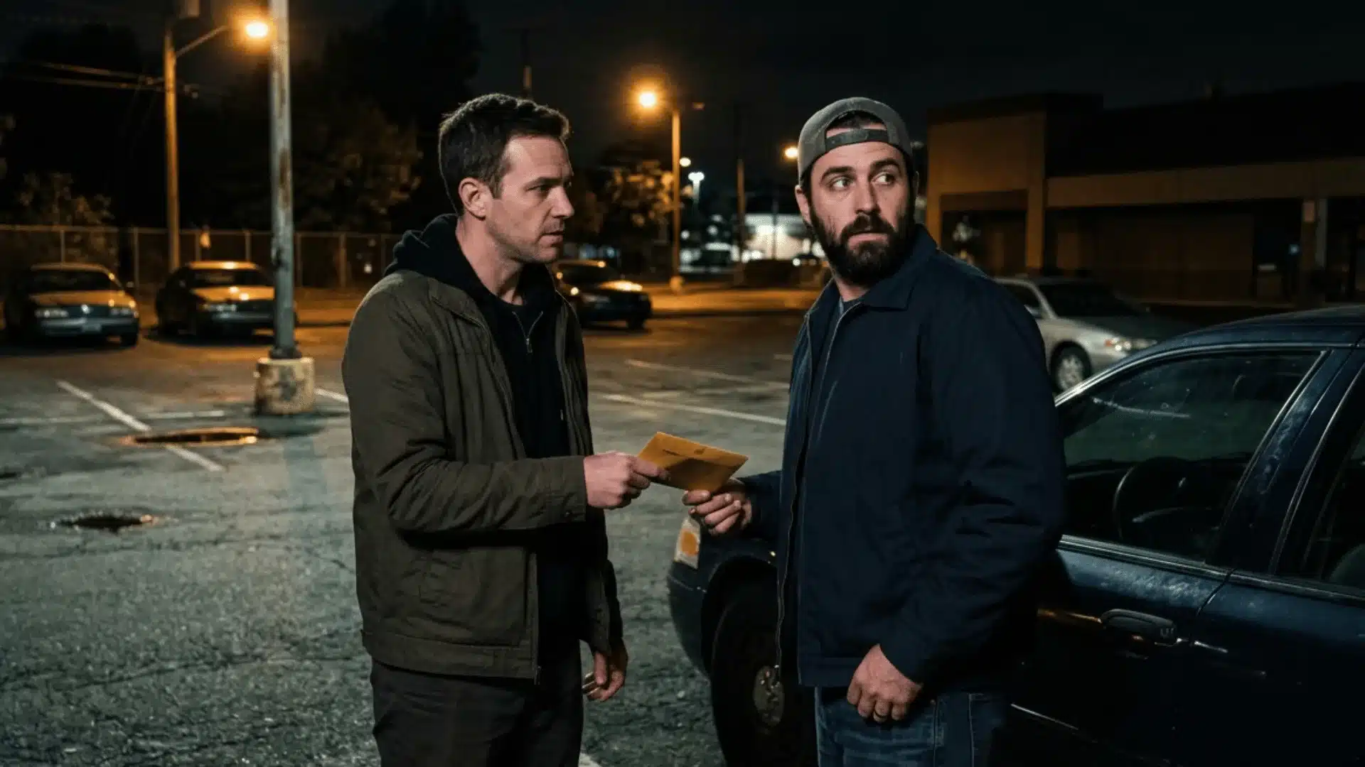 Two men in a dimly lit parking lot exchanging an envelope while speaking cautiously