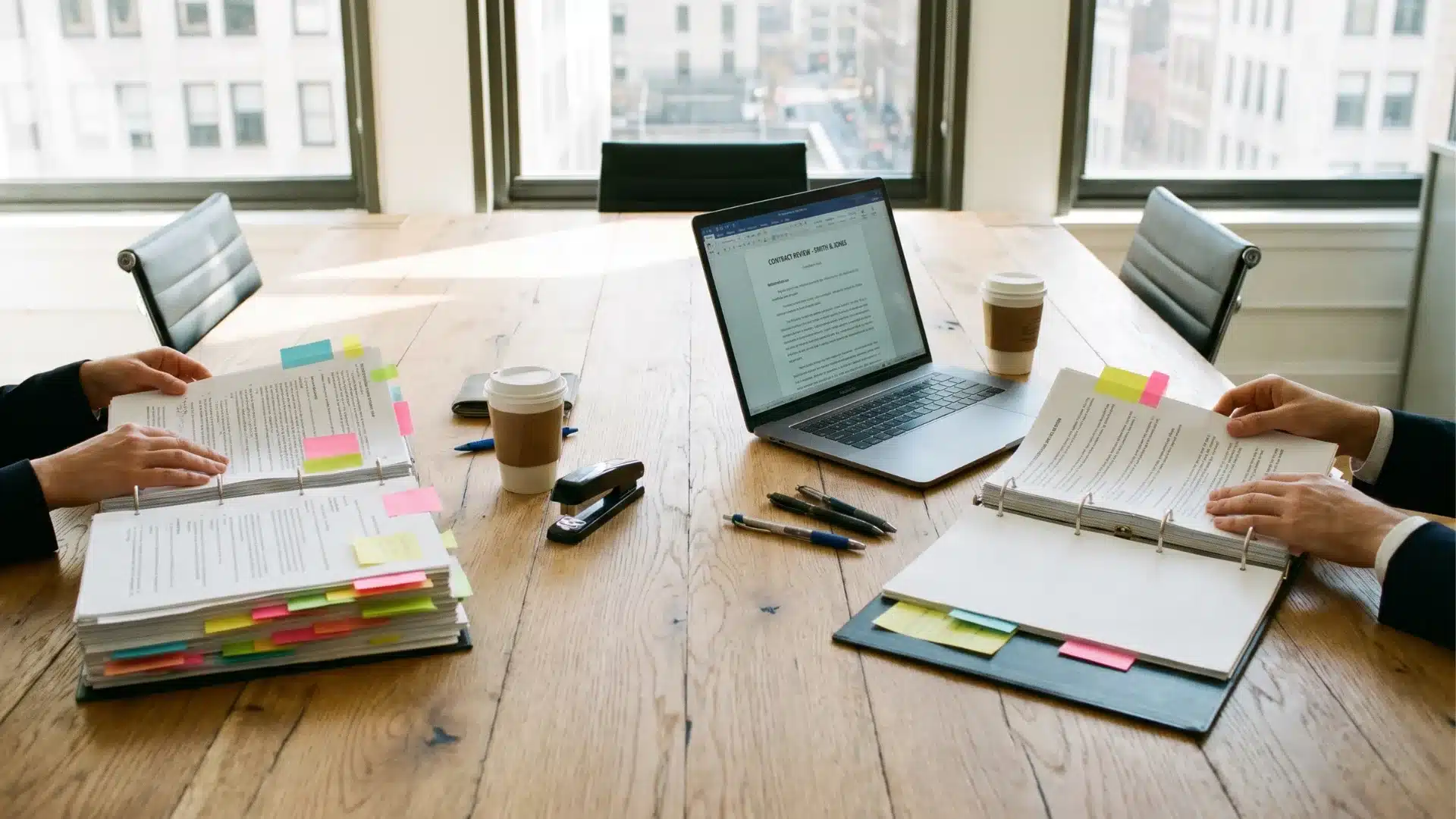 Two professionals reviewing contract binders with sticky notes beside a laptop in a bright meeting room