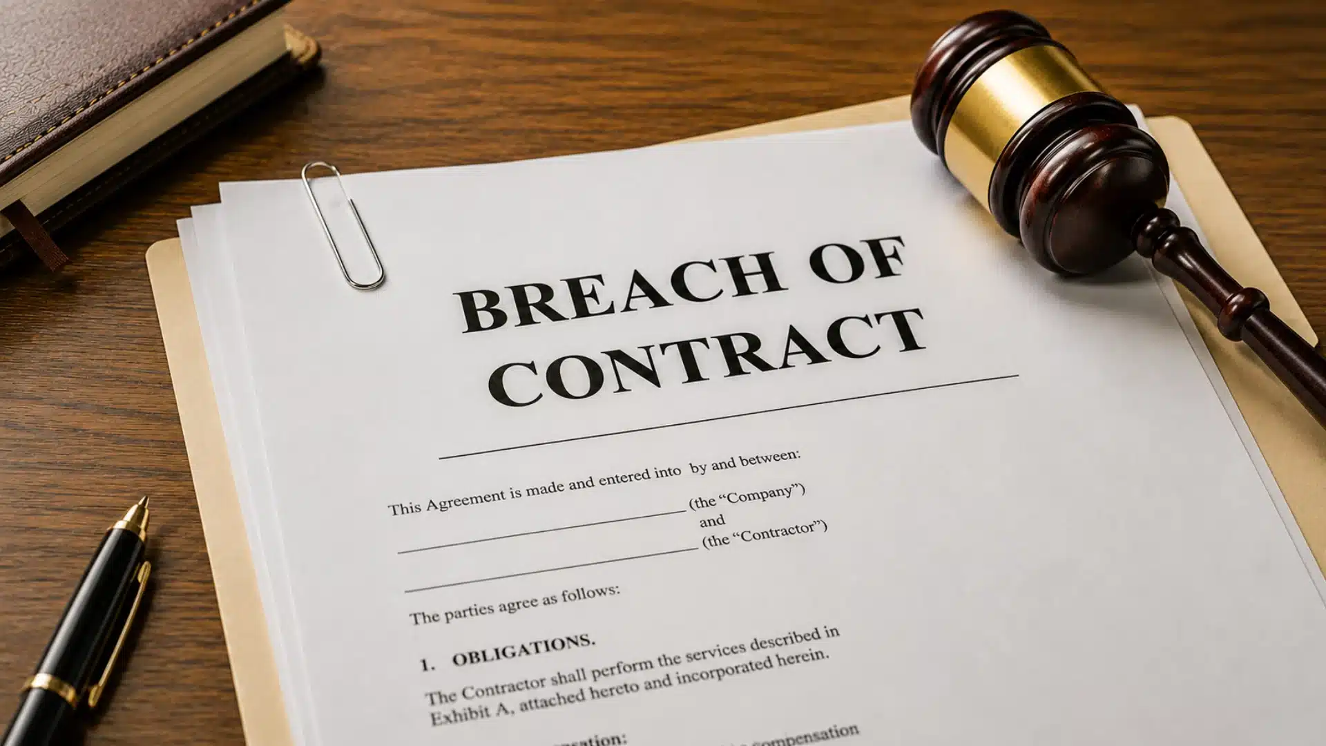 A Breach of Contract document on a folder next to a legal gavel and pen on a wooden desk.