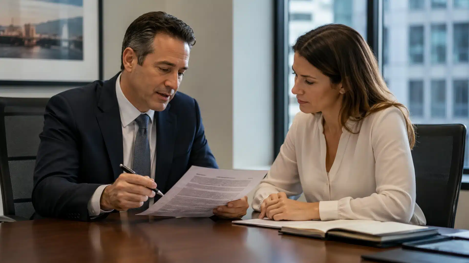 A businessman in a suit reviews a document with a businesswoman at a conference table in an office.