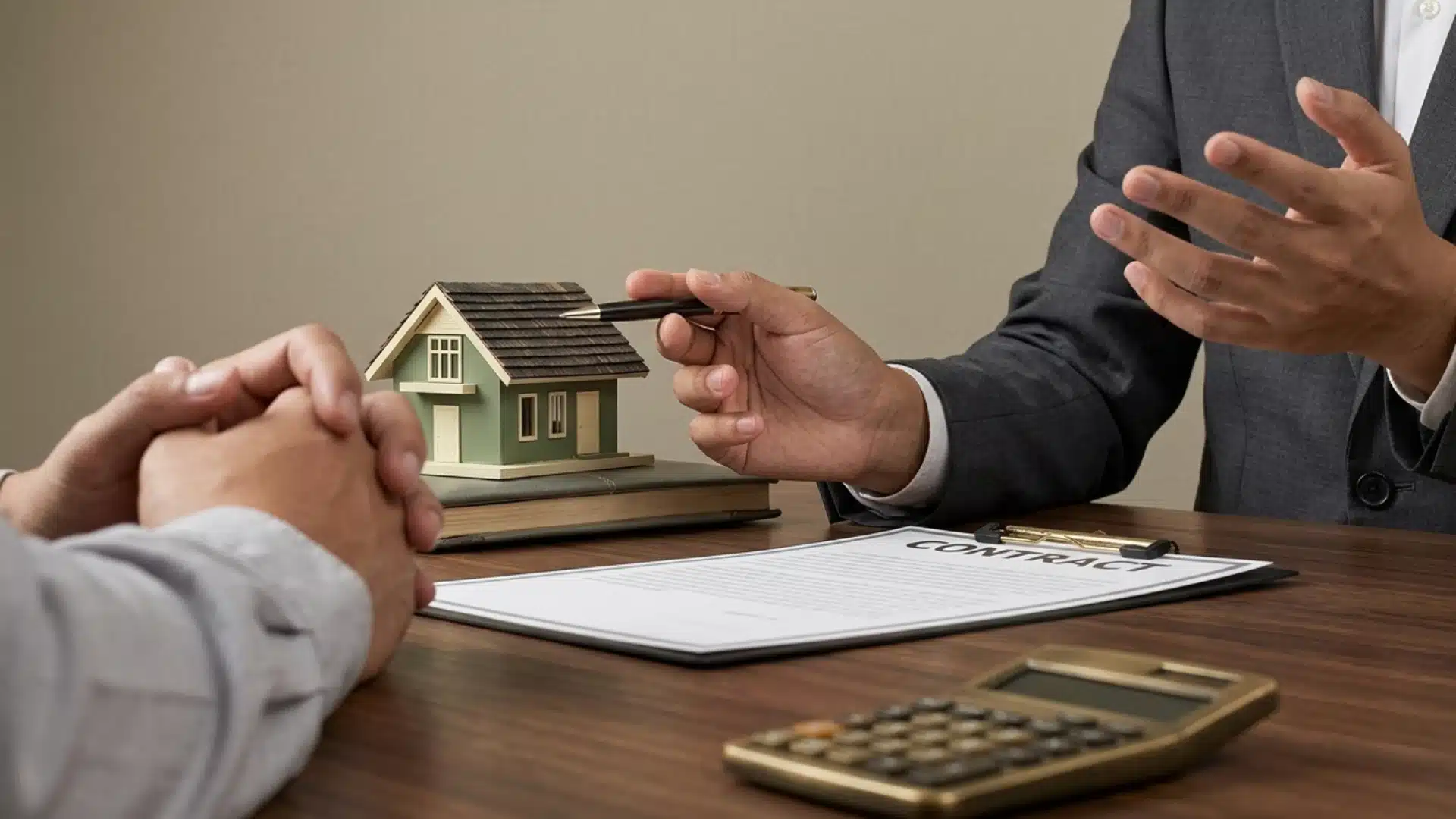 A close-up shot of two people discussing a contract on a wooden table, featuring a small green model house