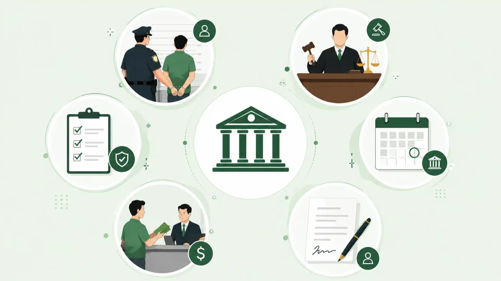 A conceptual graphic of the legal system showing arrest, court, scheduling, contracts, and financial settlements