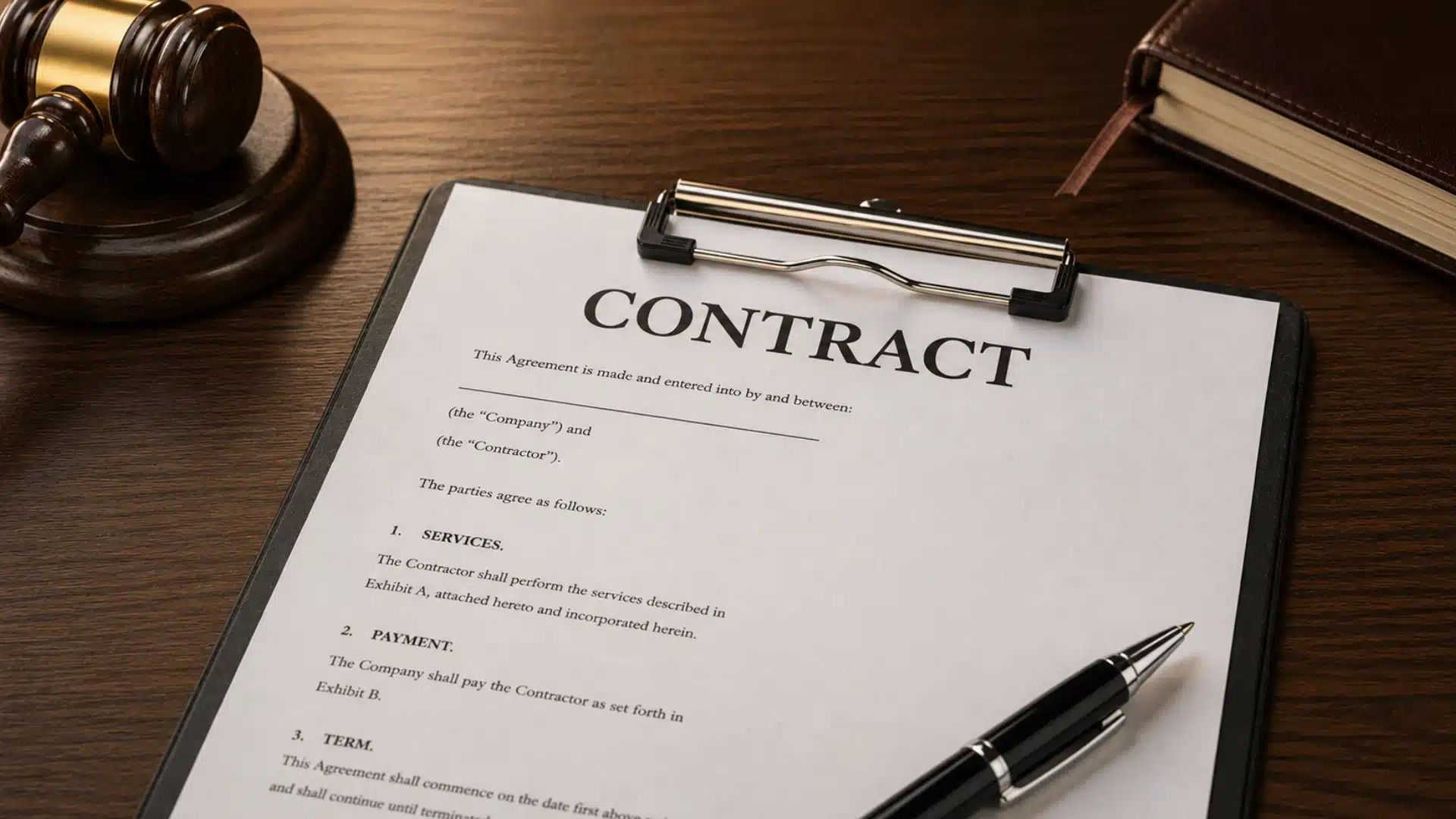 A contract document on a clipboard next to a pen, legal gavel, and book on a wooden desk.