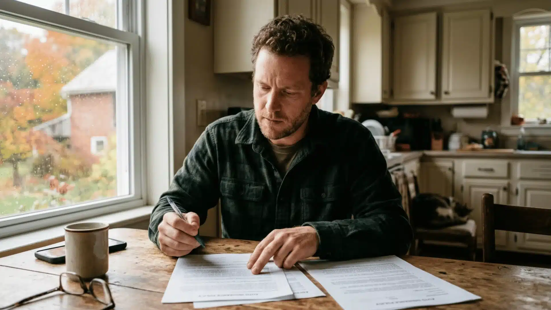 A focused man sits at a kitchen table by a window, filling out paperwork with a pen