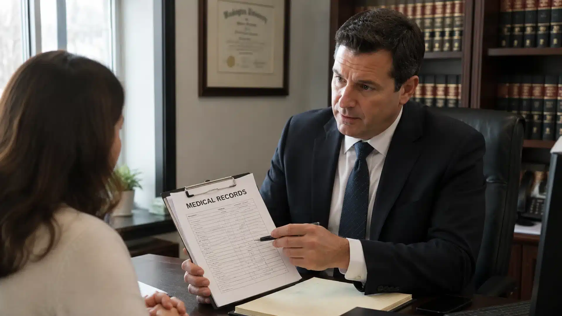 A male lawyer points to a medical records clipboard while speaking with a female client in his office
