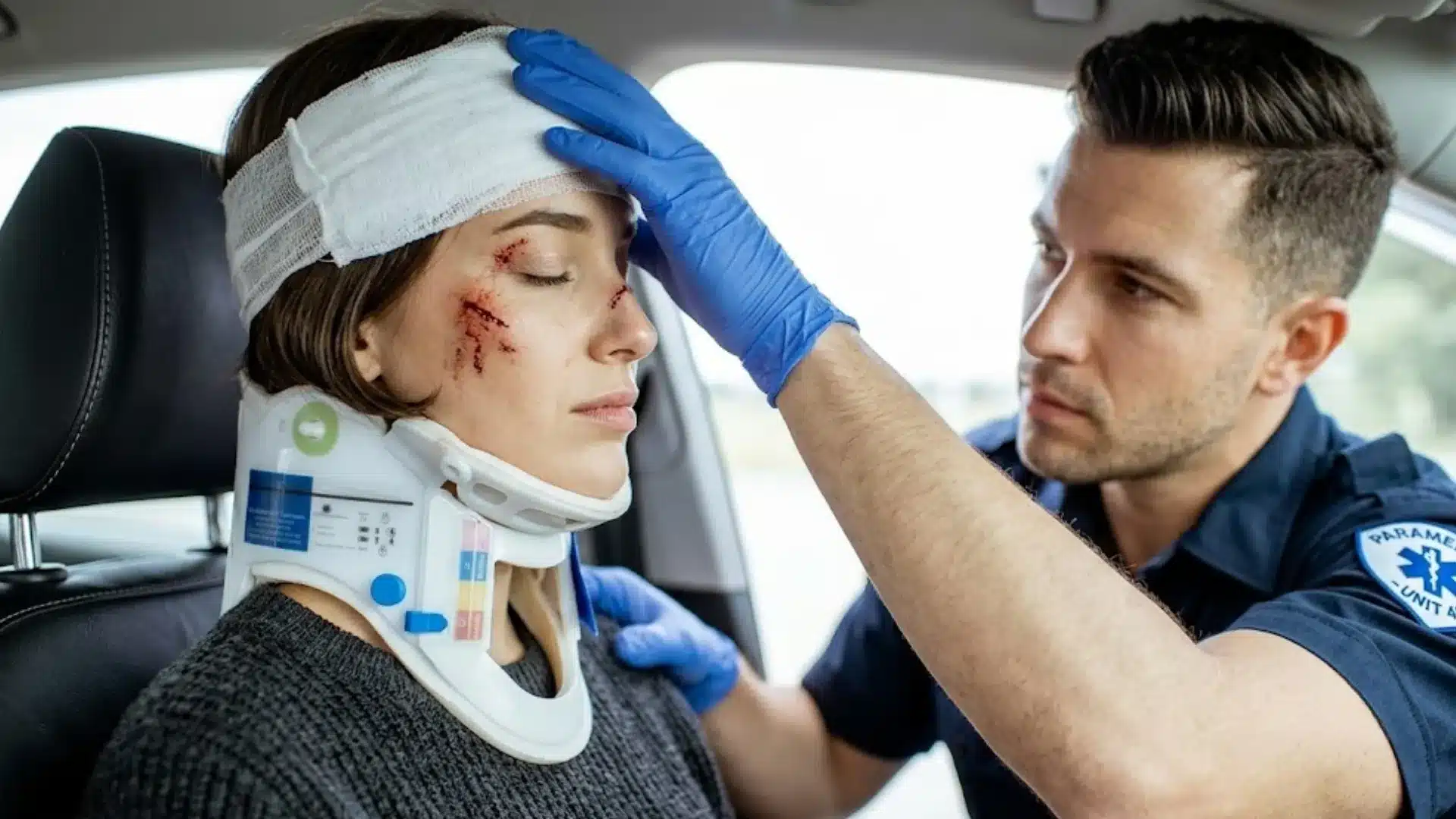 A paramedic treats a wounded woman in a car, checking her bandage while she wears a neck brace