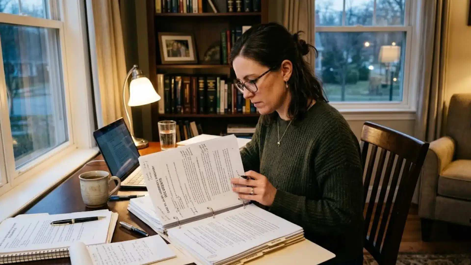 A woman in glasses intently reviewing legal documents at a desk in her home office