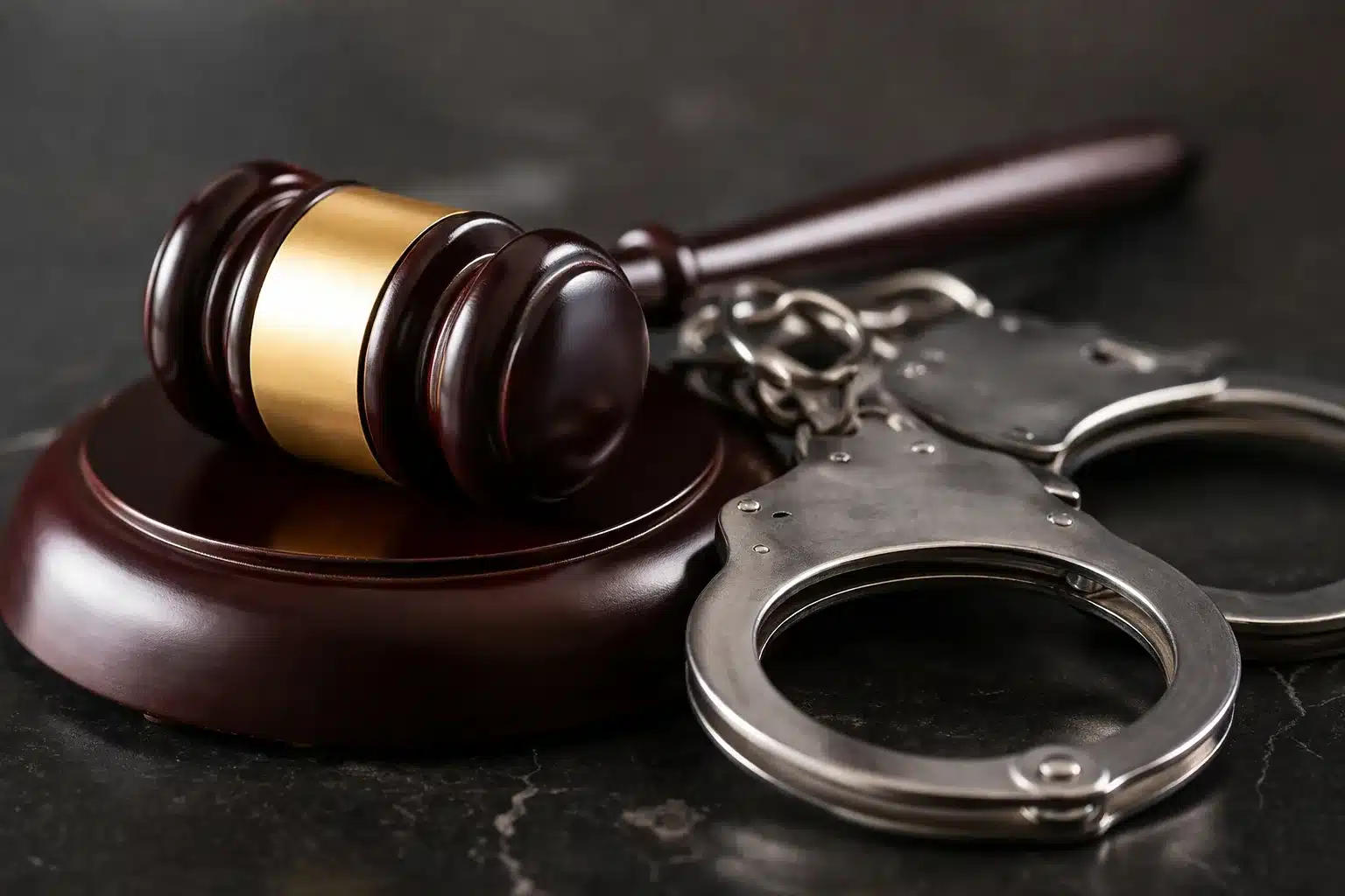 A wooden judge's gavel resting on a sound block next to a pair of silver metal handcuffs on a dark surface.
