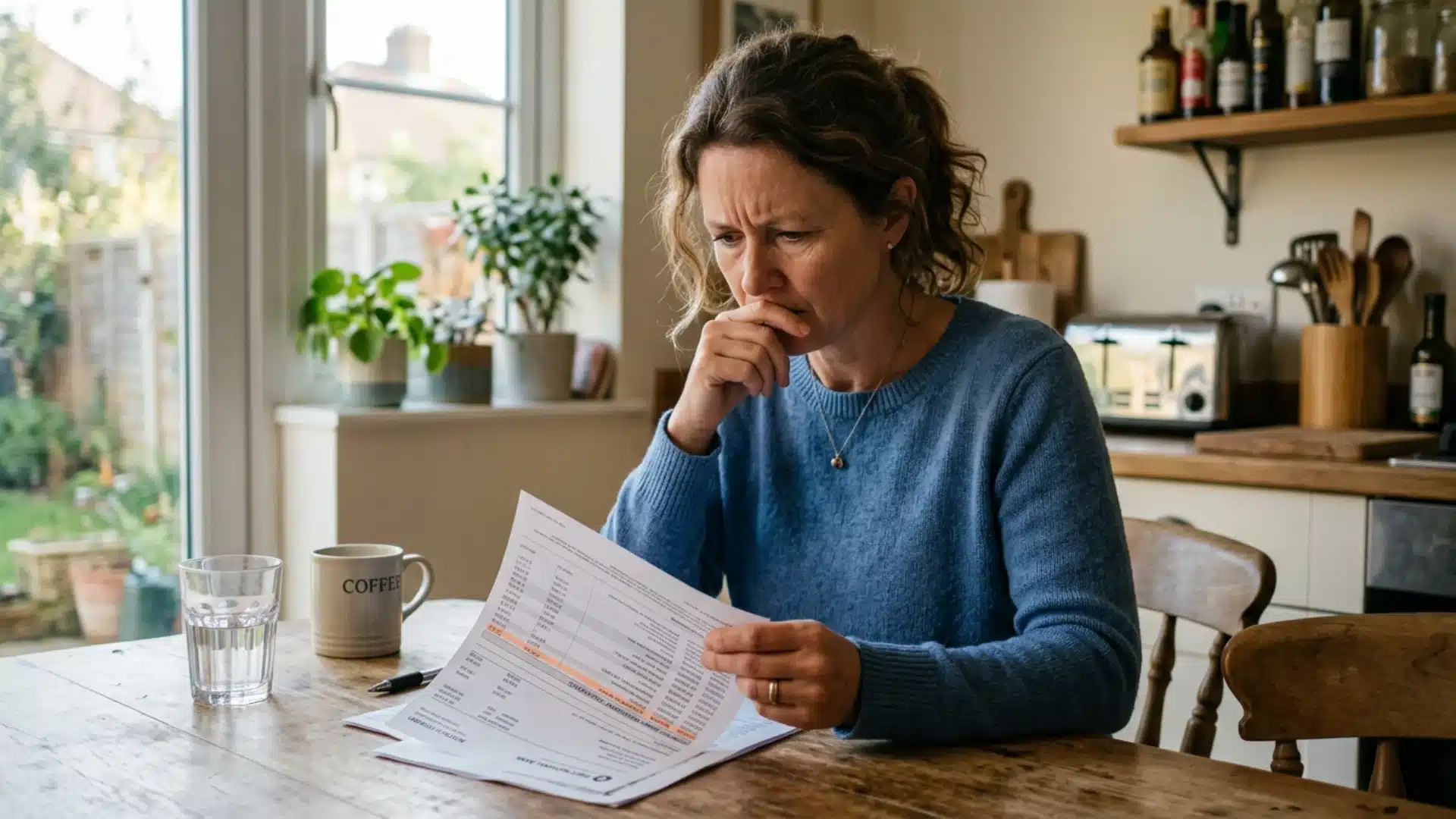 Adult woman reviewing bank statements with concern at home