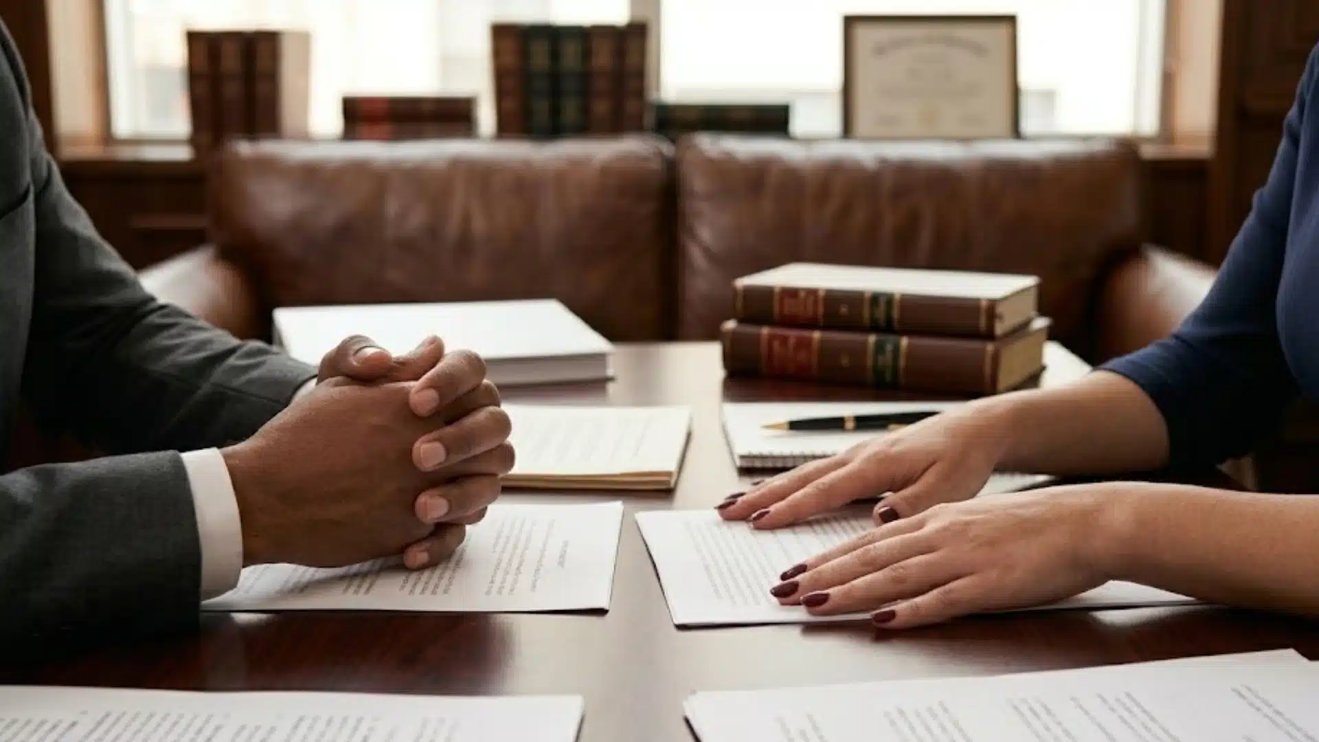 Arbitration agreement discussion between two parties reviewing legal documents across a table