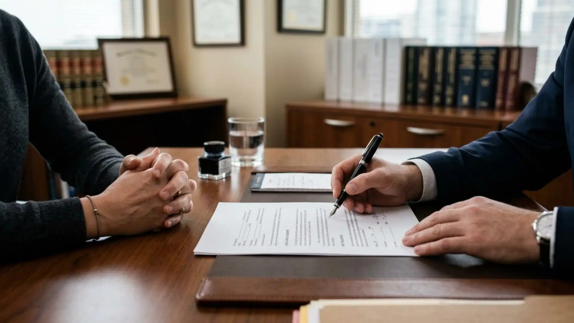 Attorney and client reviewing legal documents during homicide defense consultation