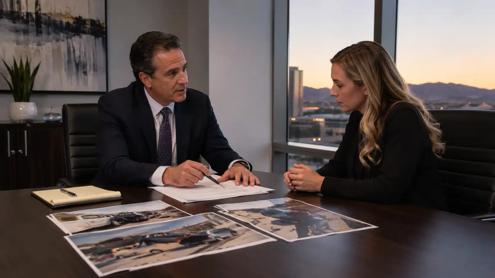 Attorney discusses accident case documents with a client in a modern Las Vegas law office.