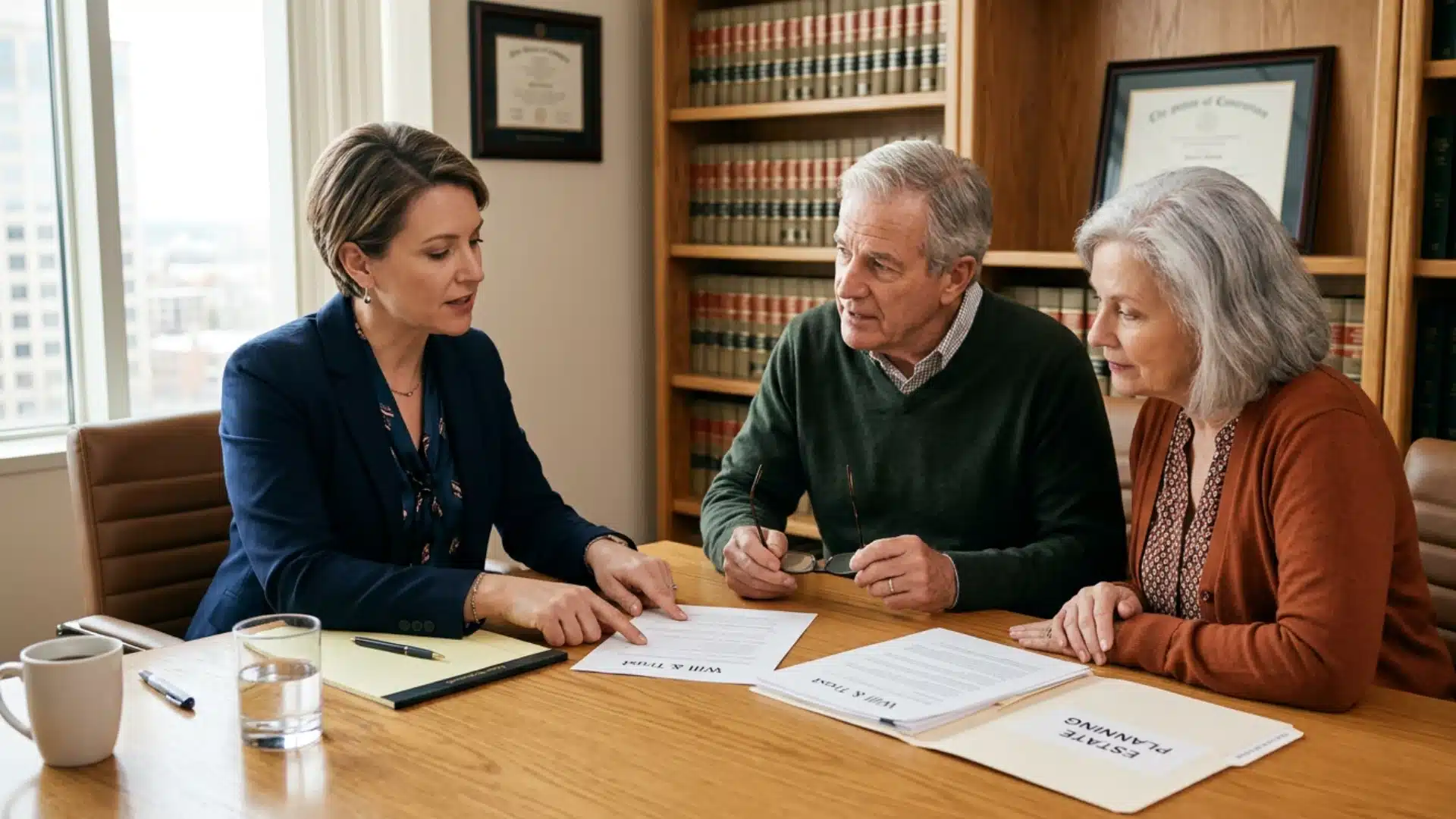 Attorney discussing estate planning documents with an older couple in a law office