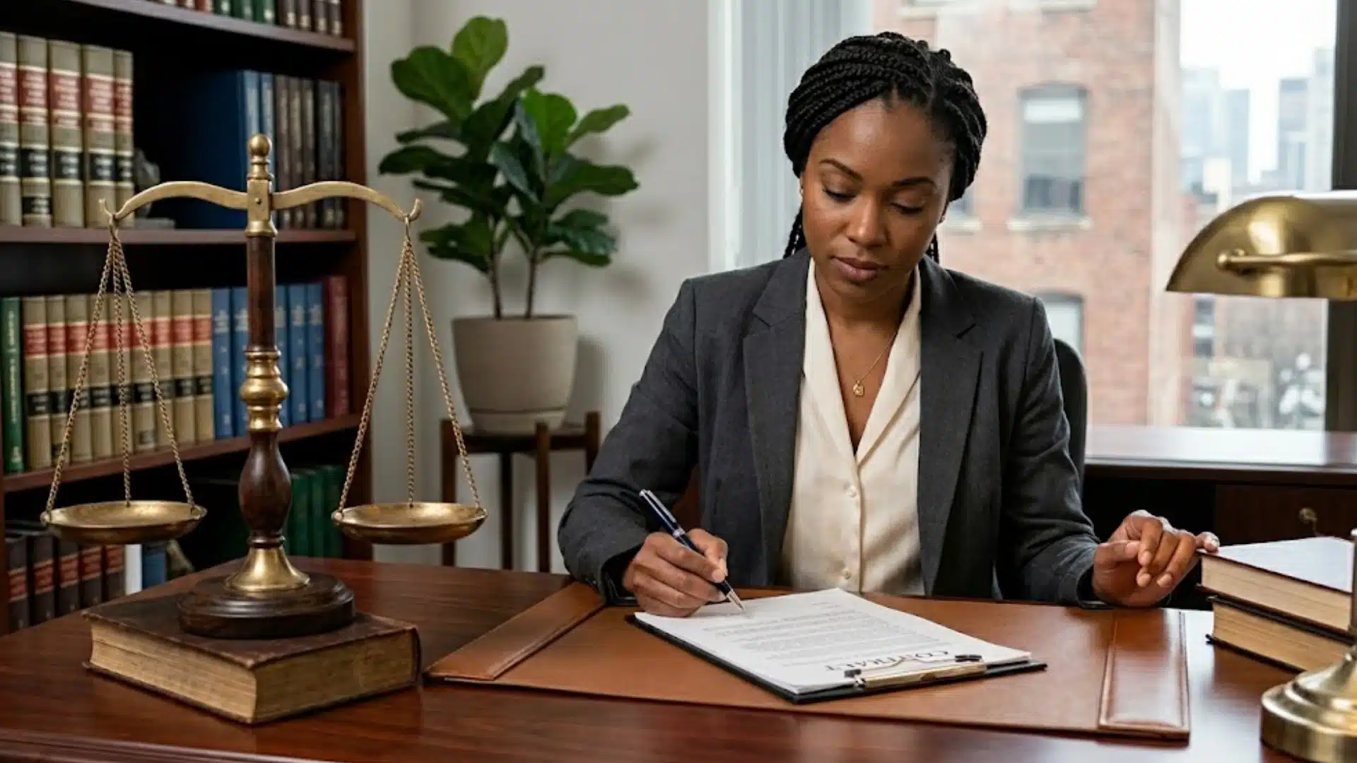 Attorney reviewing legal documents at a law office desk with scales of justice and law books in the background
