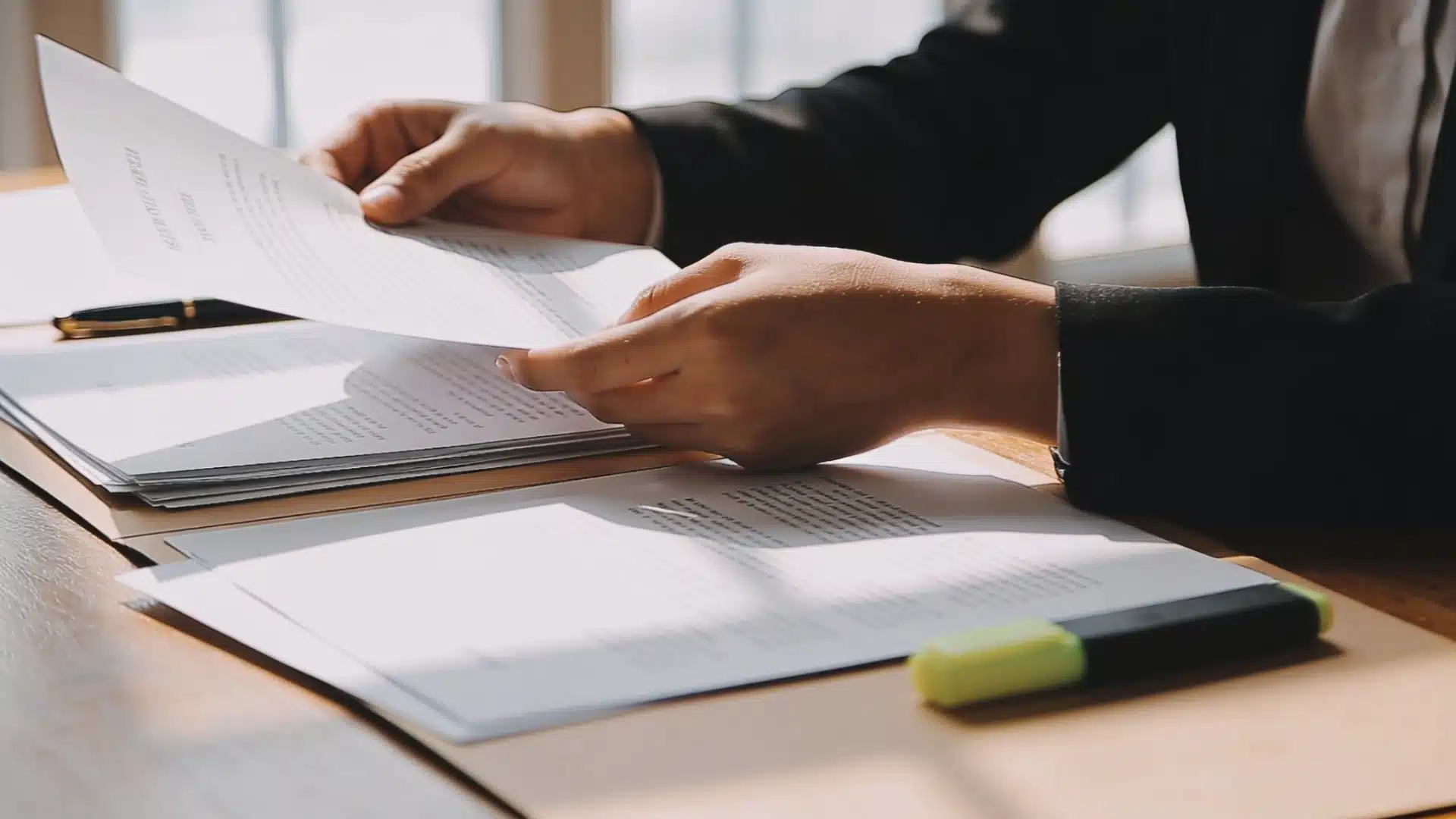 Attorney reviewing legal documents at desk with highlighted paperwork