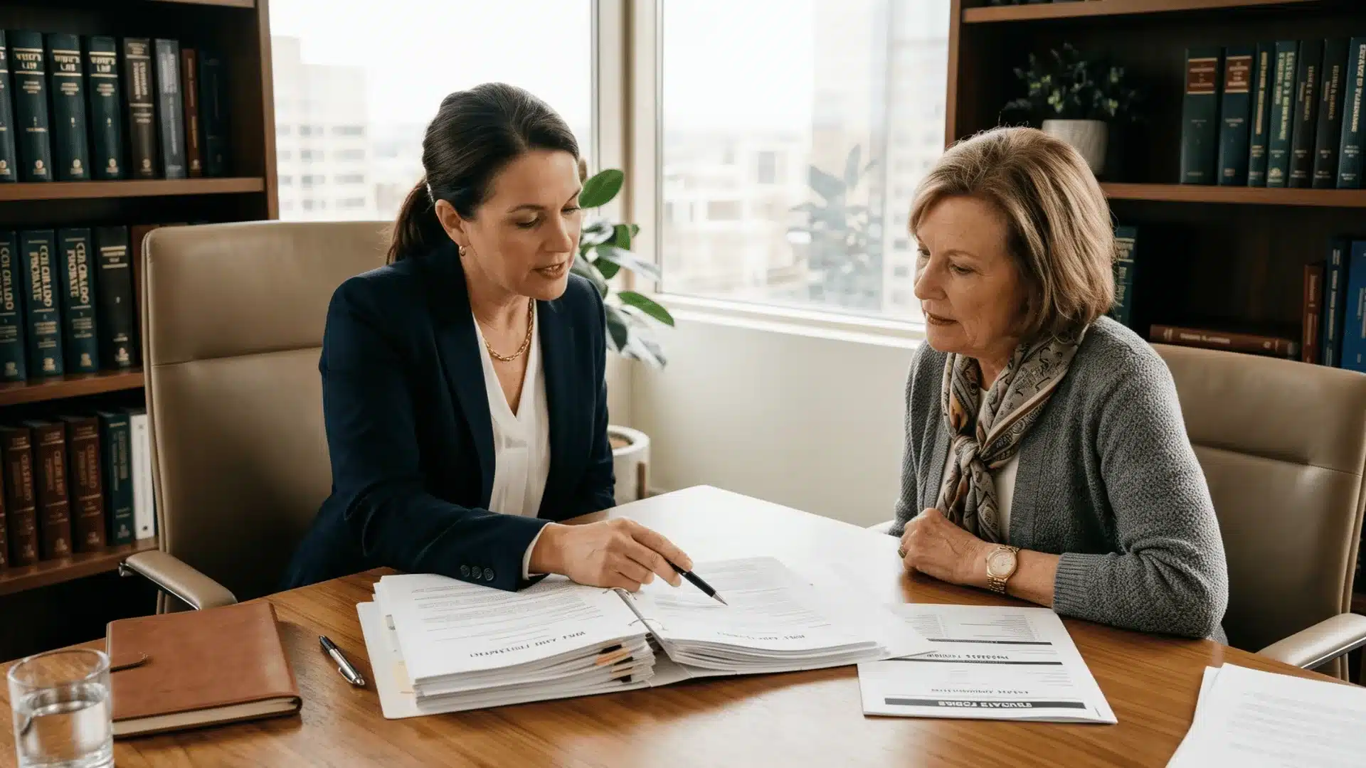 Attorney reviews estate documents with older client at office conference table