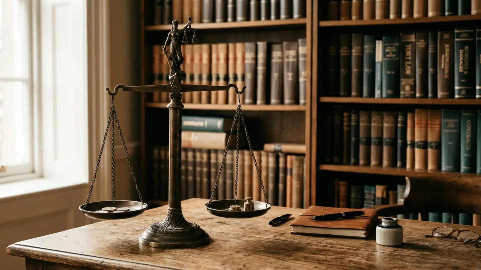 Balance scale on desk symbolizing fair compensation in an adverse employment action case
