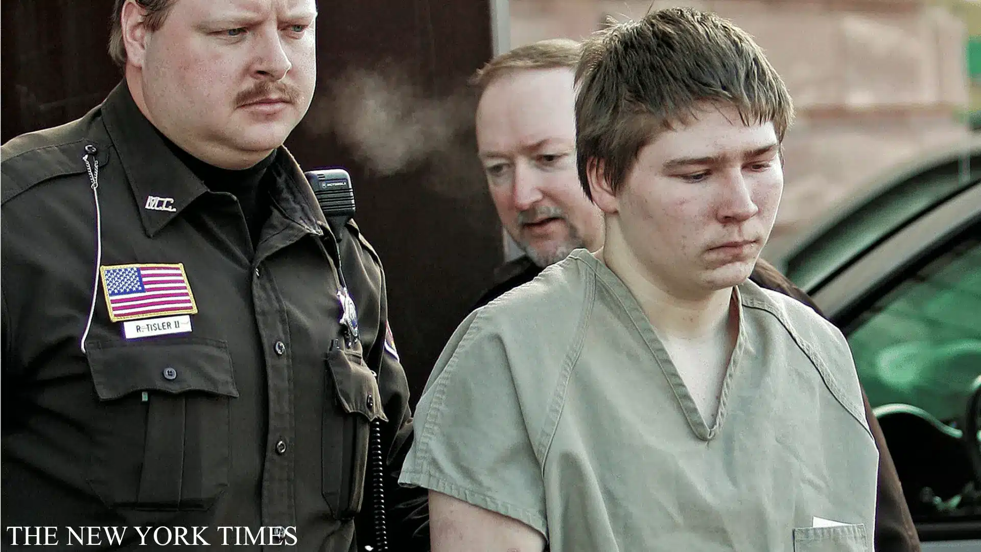 Brendan Dassey escorted by law enforcement officers outside courthouse in winter weather scene