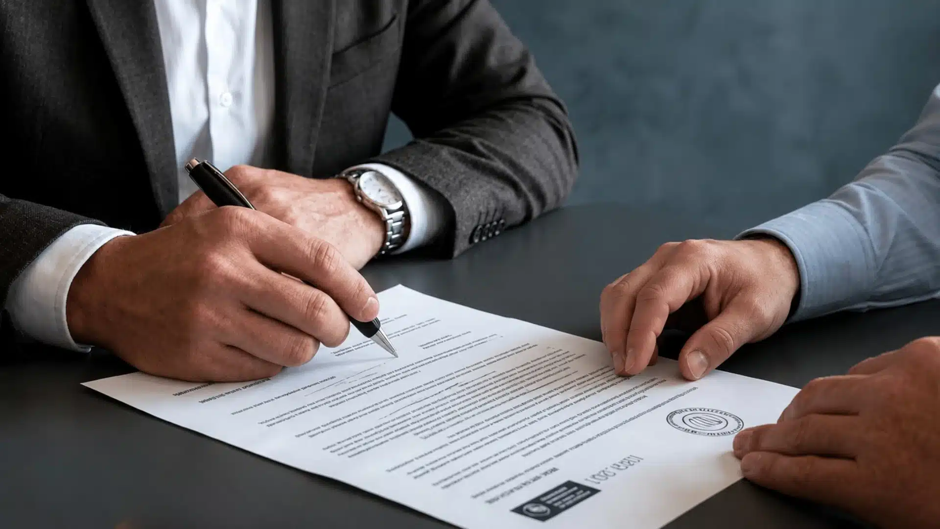 Business professionals reviewing and signing an arbitration agreement document during a legal contract meeting