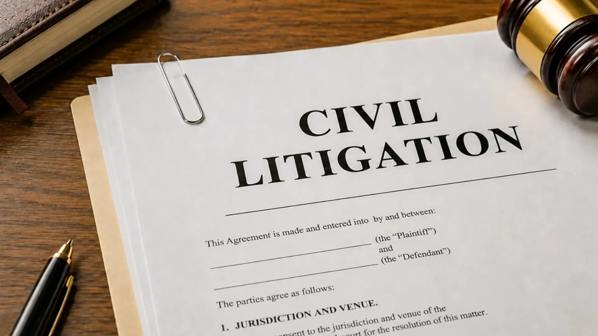 Civil litigation document with gavel and pen on a wooden desk