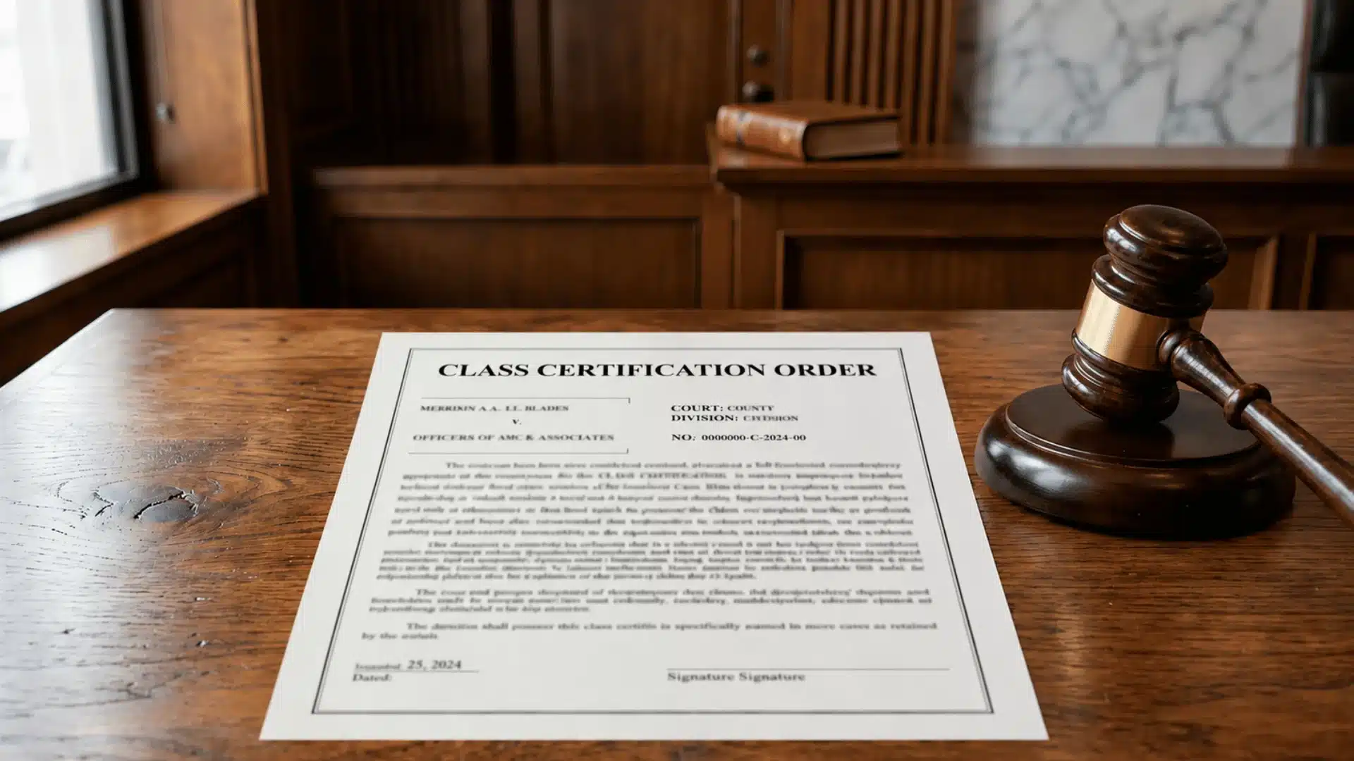 Class action certification order document beside a judge's gavel, class action attorneys