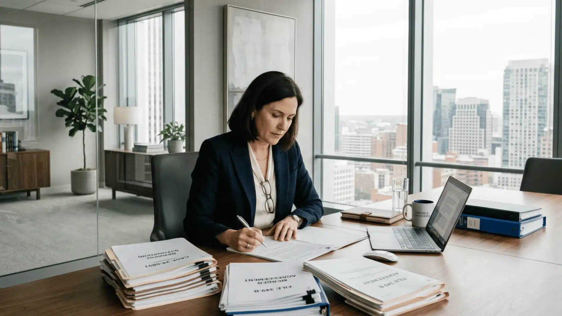 Class action lawyer reviewing case documents at a law firm conference table